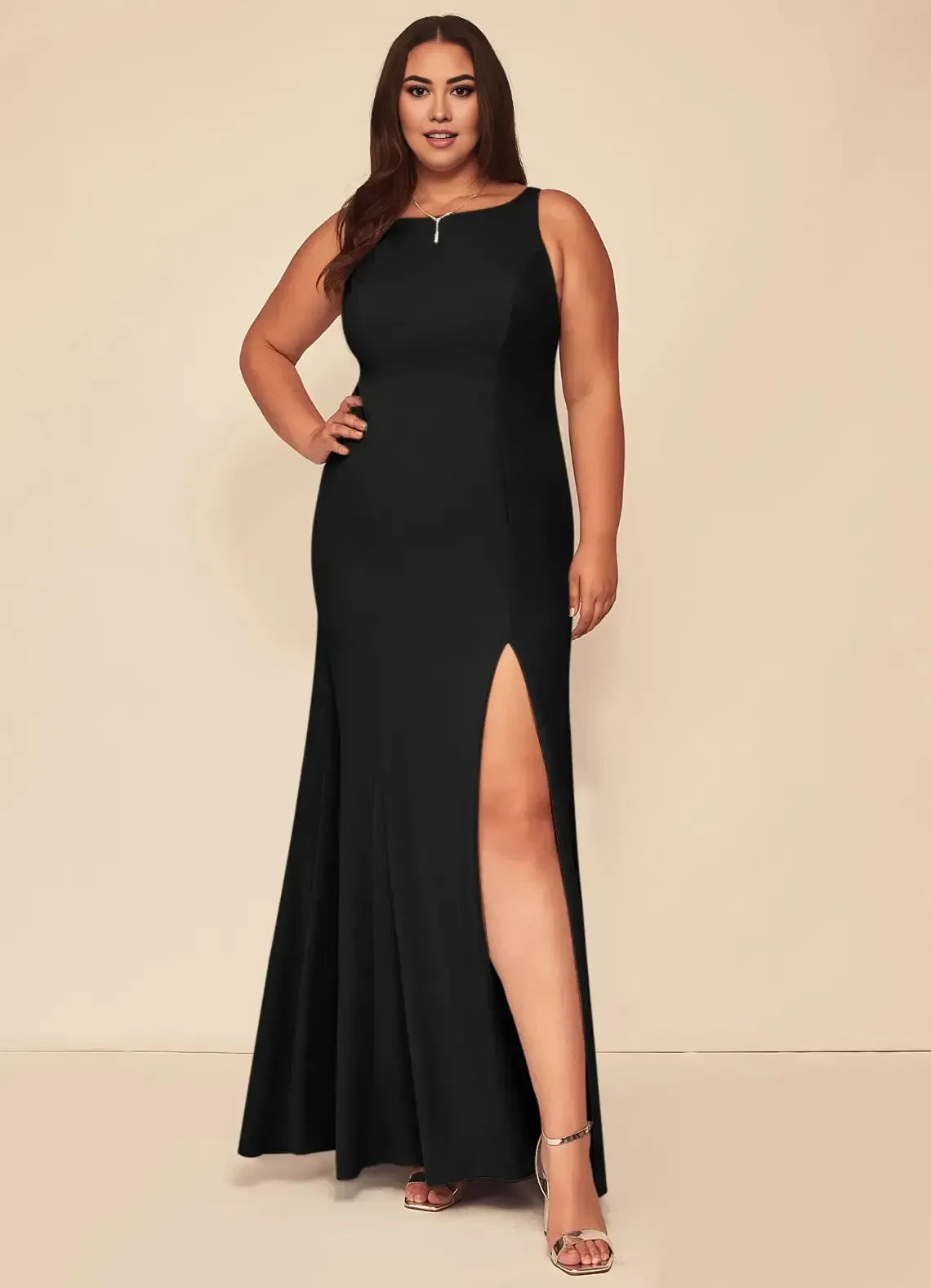 Chic Plus Size Mermaid Boat Neck Sleeveless Zipper Back Floor Length Bridesmaid Dress