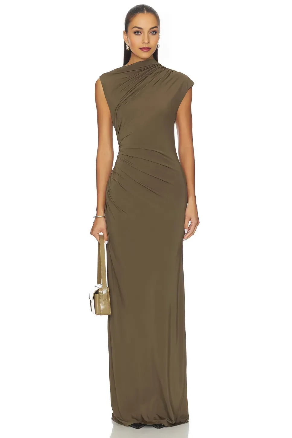 Chic Sheath Asymmetric Neck Cap Sleeve Ruched Back Floor Length Evening Dress