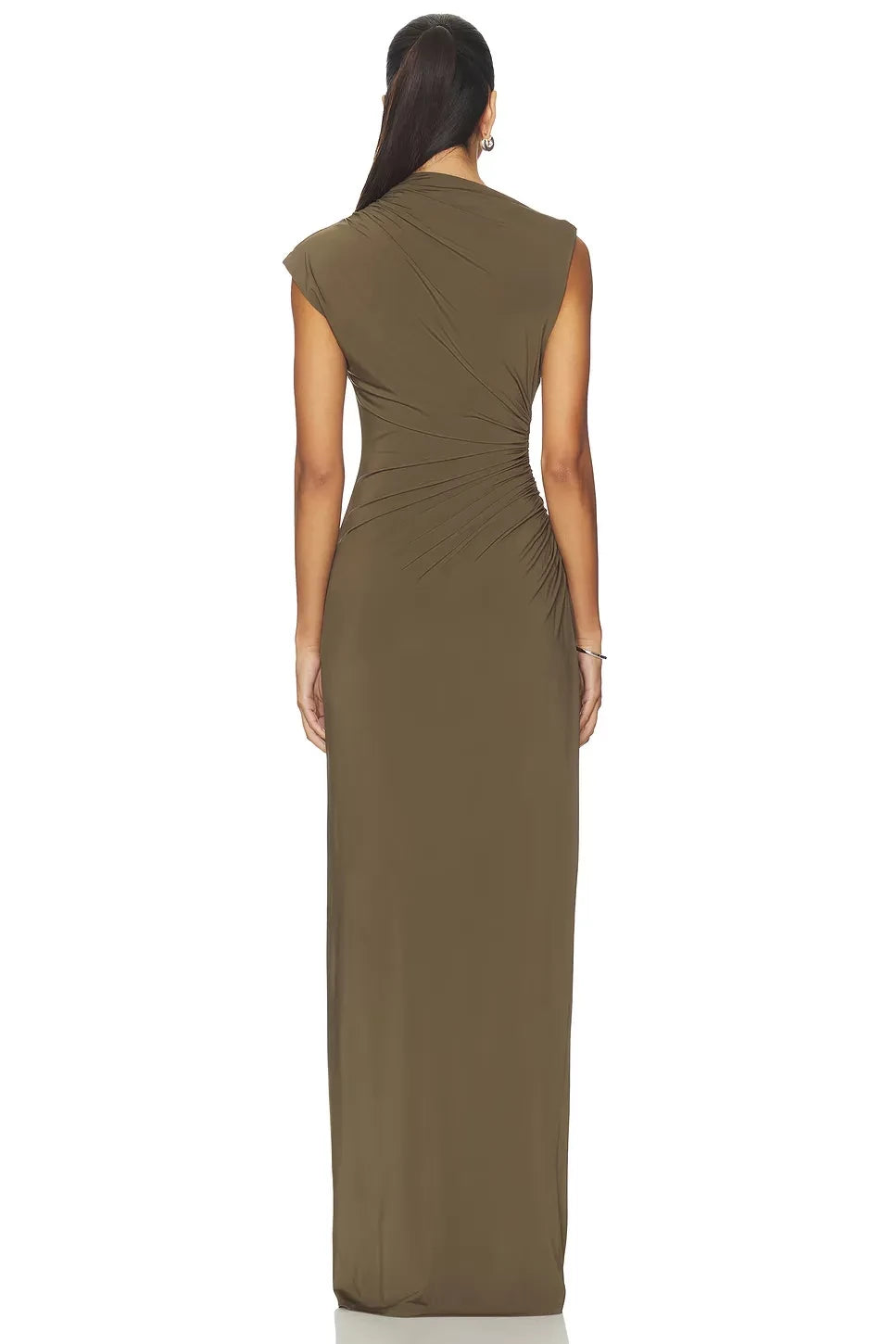 Chic Sheath Asymmetric Neck Cap Sleeve Ruched Back Floor Length Evening Dress