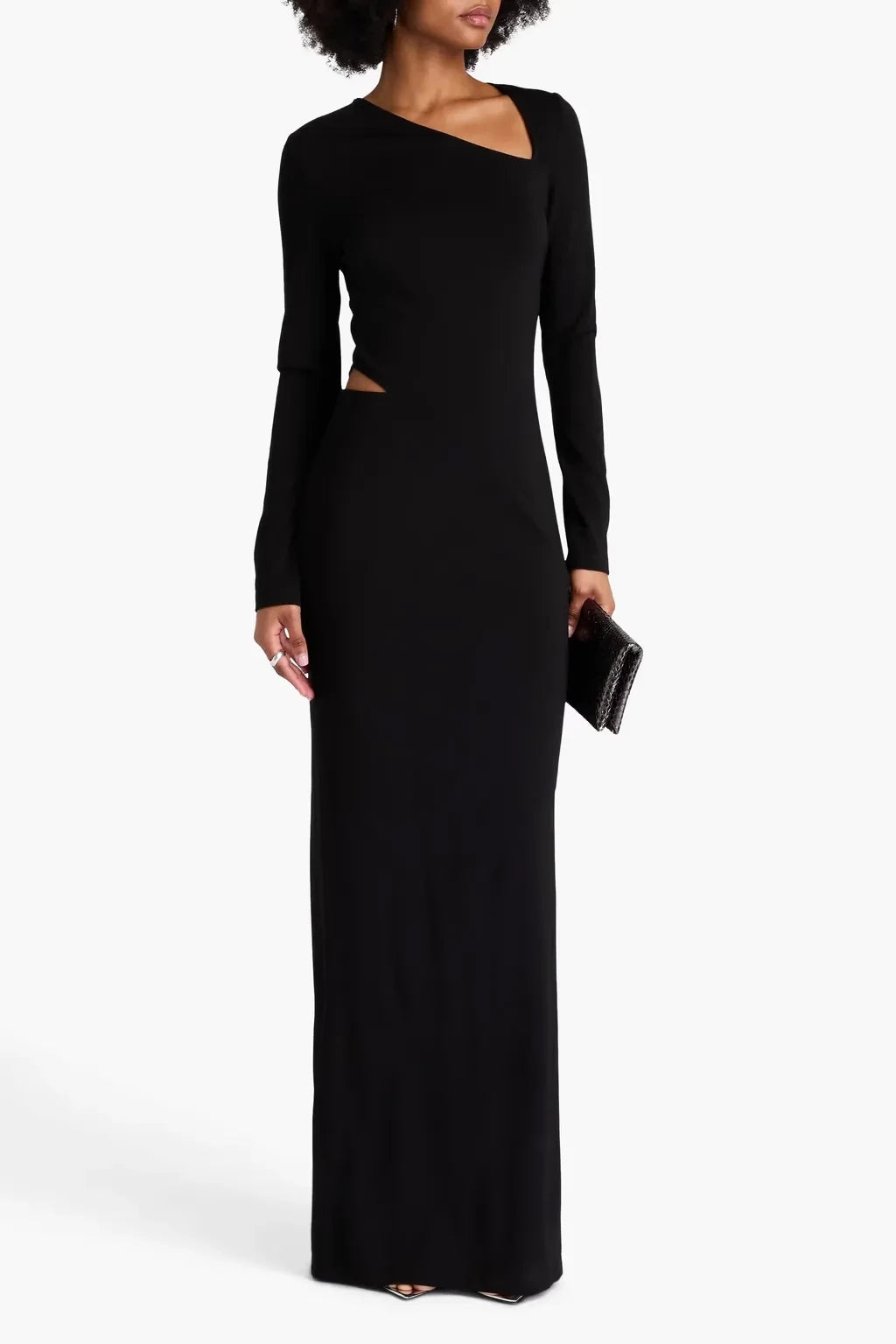 Chic Sheath Asymmetric Neck Long Sleeve Cutout Waist Floor Length Plus Size Evening Dress