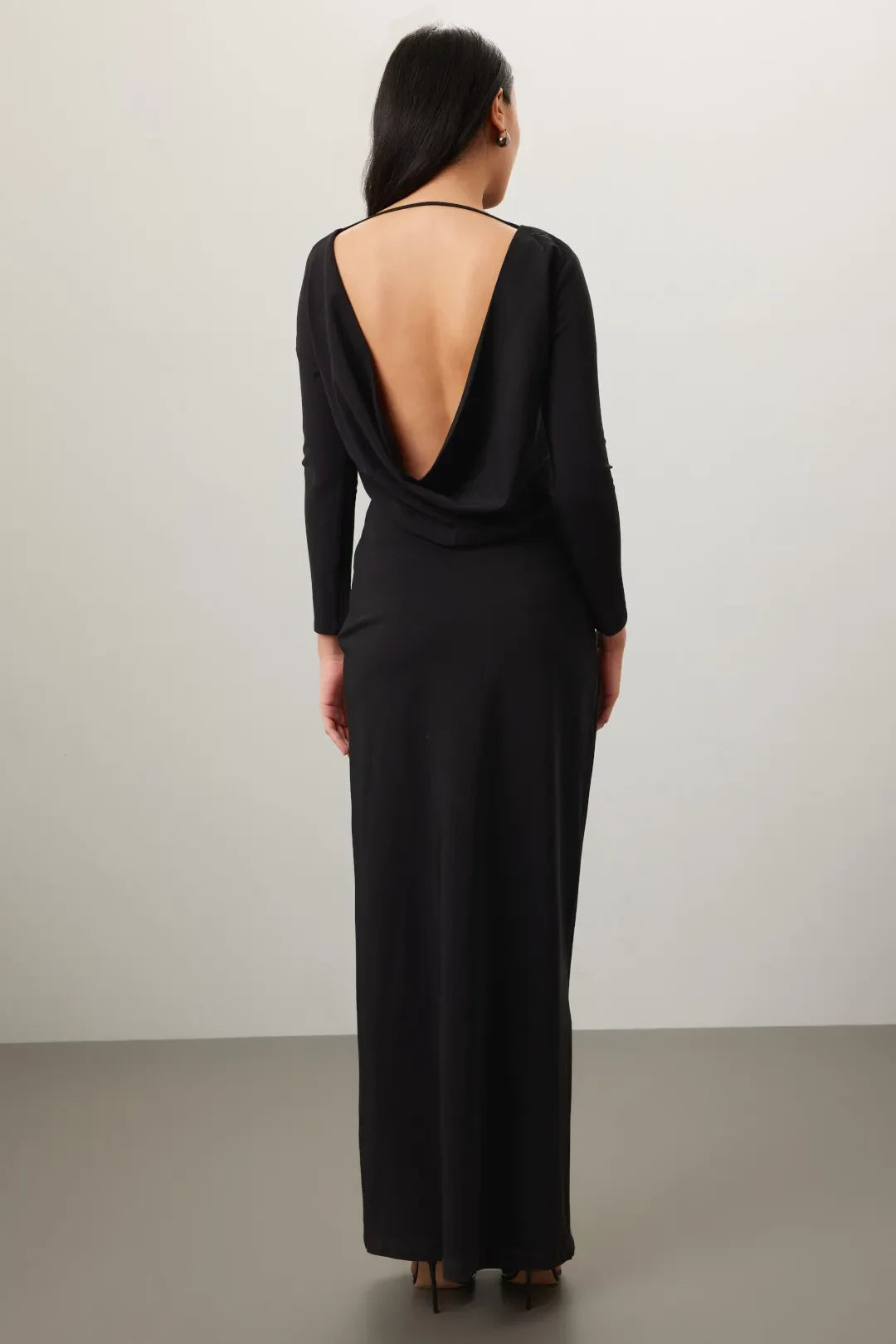 Chic Sheath Asymmetric Neck Long Sleeve Draped Back Floor Length Plus Size Prom Dress