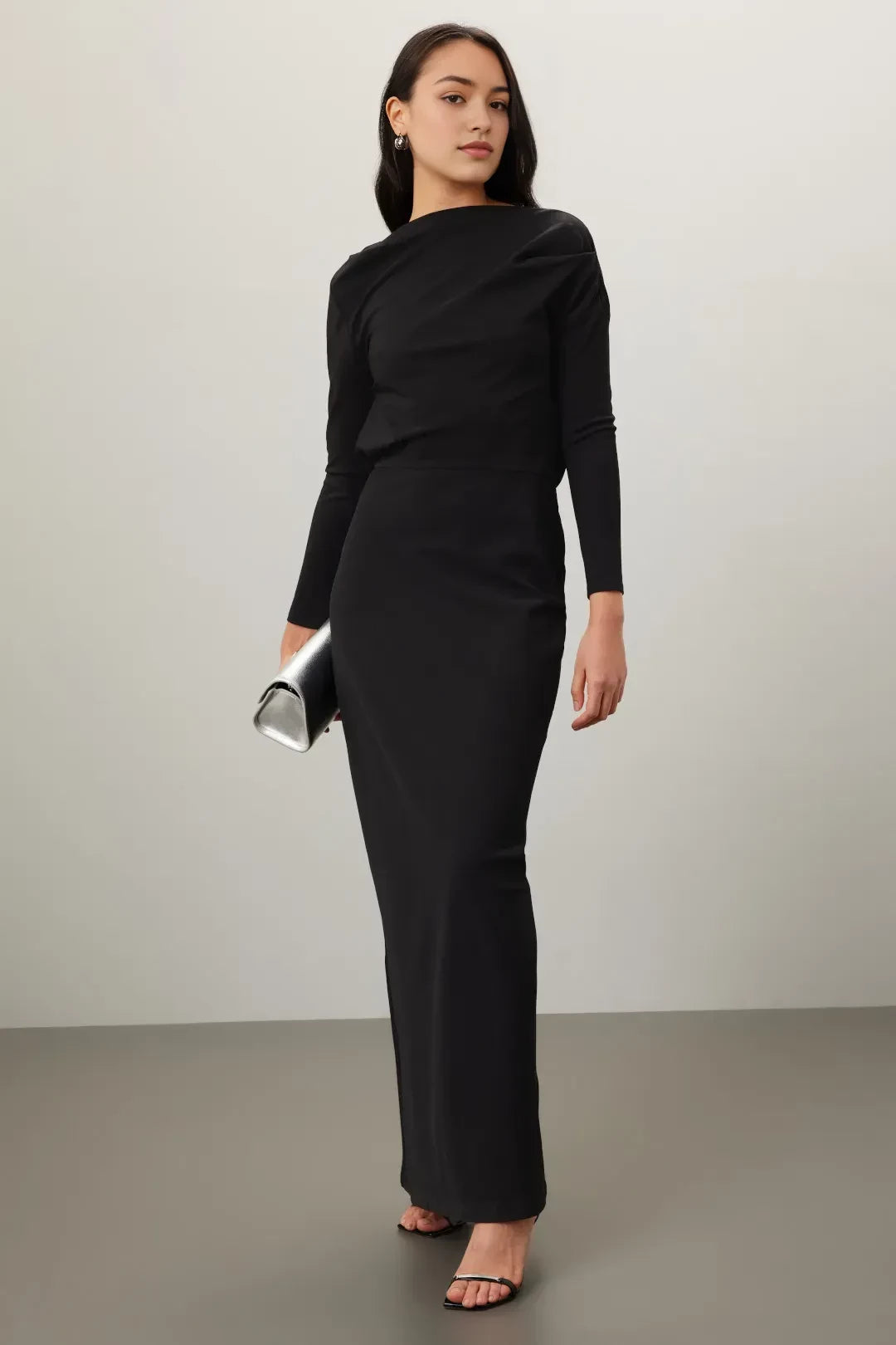 Chic Sheath Asymmetric Neck Long Sleeve Draped Back Floor Length Plus Size Prom Dress