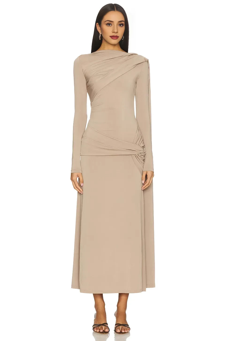Chic Sheath Asymmetric Neck Long Sleeve Draped Back Midi Length Evening Dress