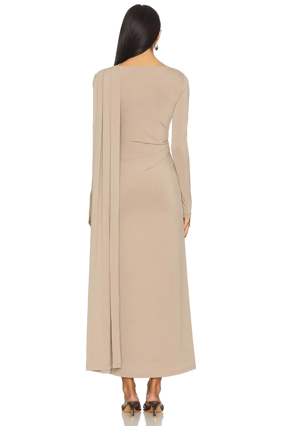 Chic Sheath Asymmetric Neck Long Sleeve Draped Back Midi Length Evening Dress