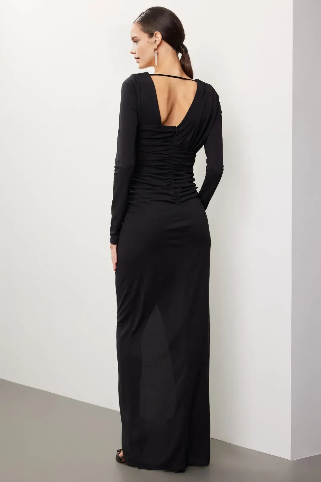 Chic Sheath Asymmetric Neck Long Sleeve Ruched Open Back Floor Length Plus Size Prom Dress