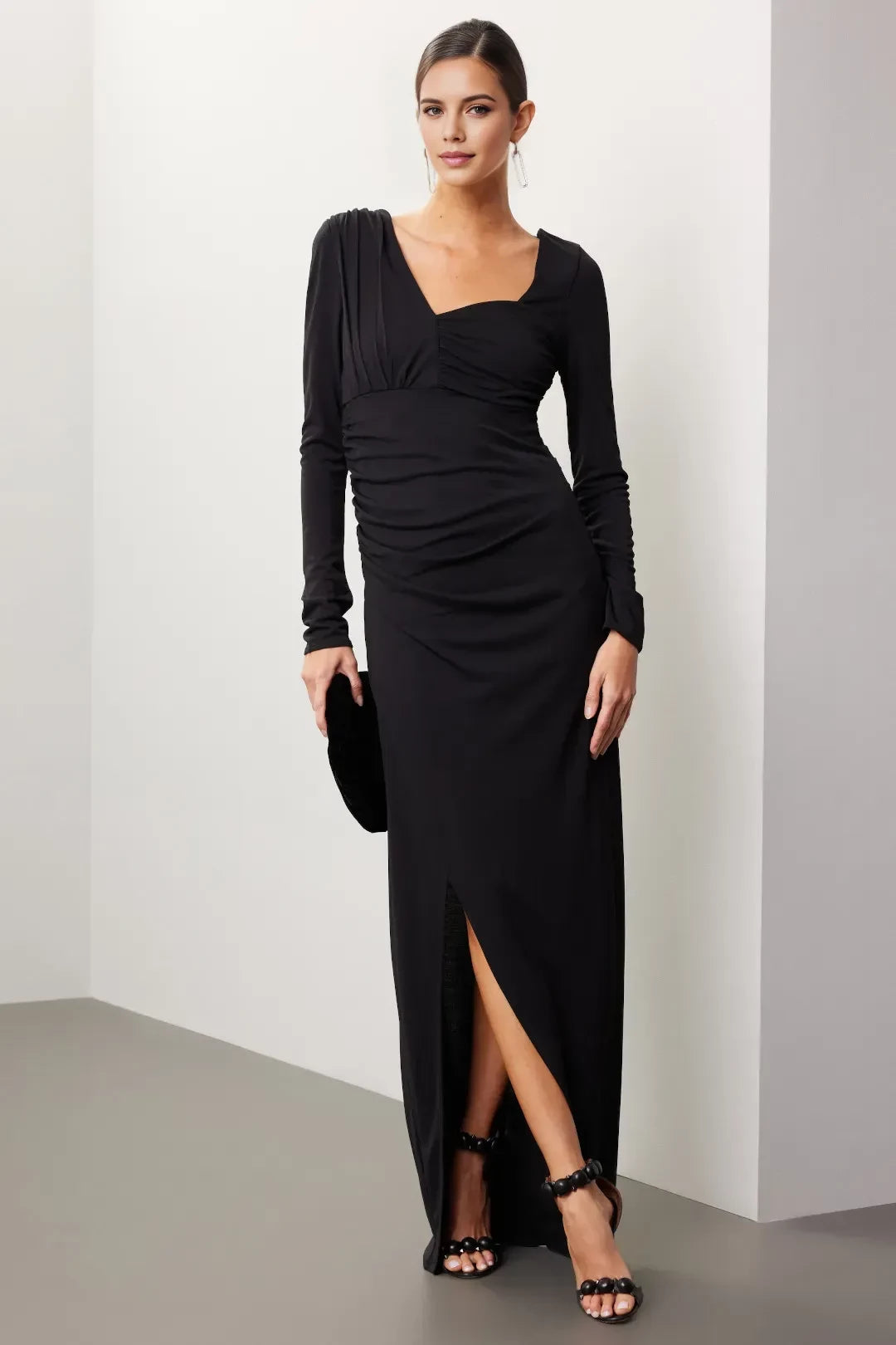 Chic Sheath Asymmetric Neck Long Sleeve Ruched Open Back Floor Length Plus Size Prom Dress