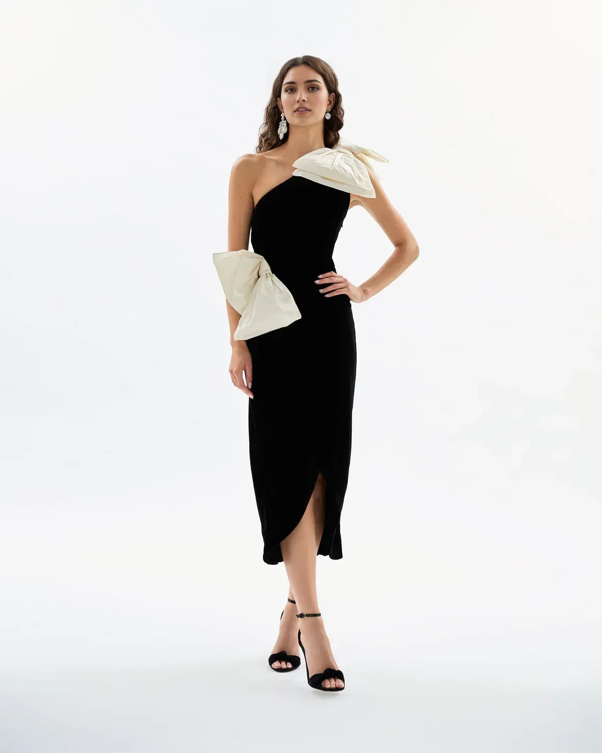 Chic Sheath Asymmetric Neck One Sleeve Bow Accent Side Slit Midi Length Prom Dress