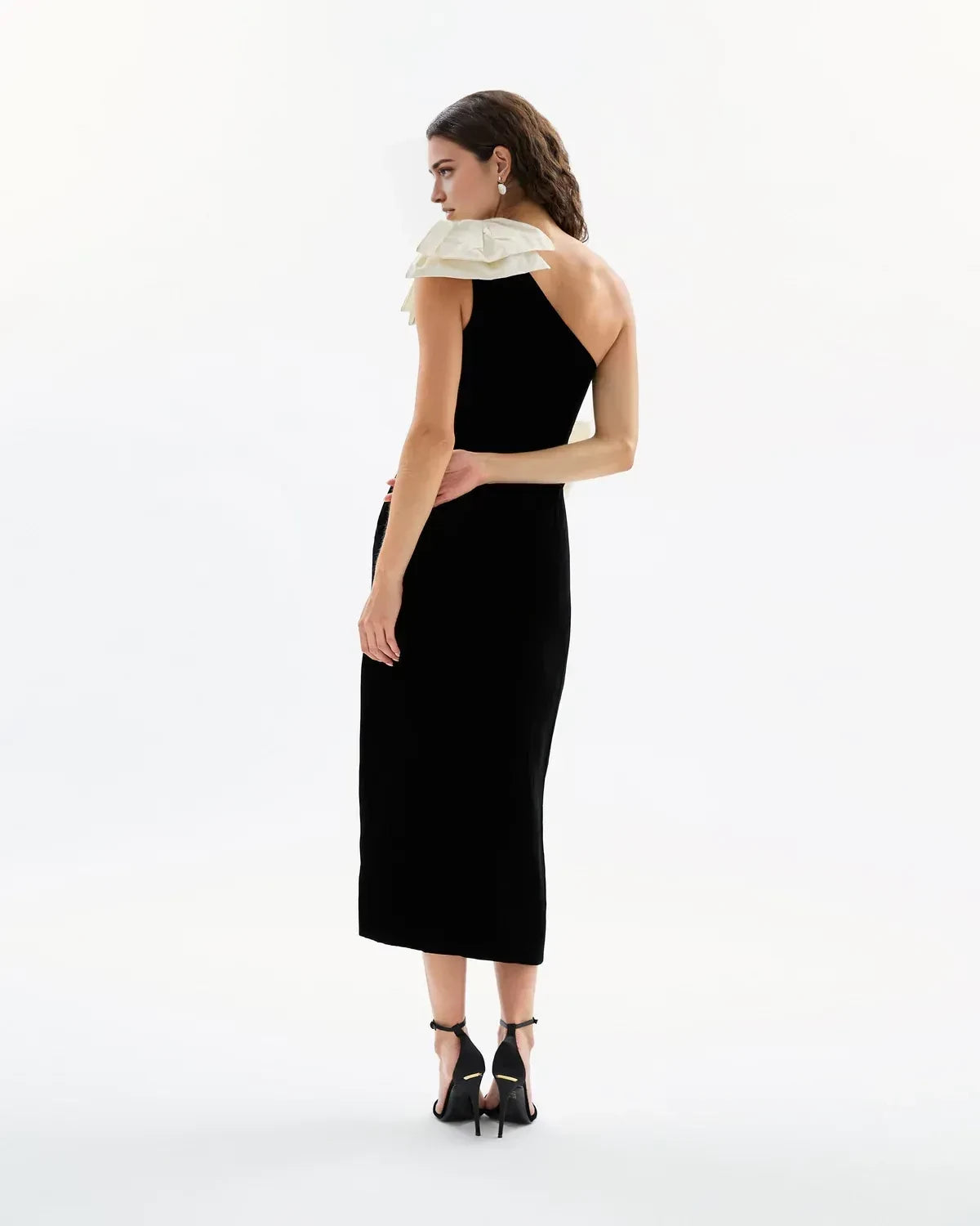 Chic Sheath Asymmetric Neck One Sleeve Bow Accent Side Slit Midi Length Prom Dress