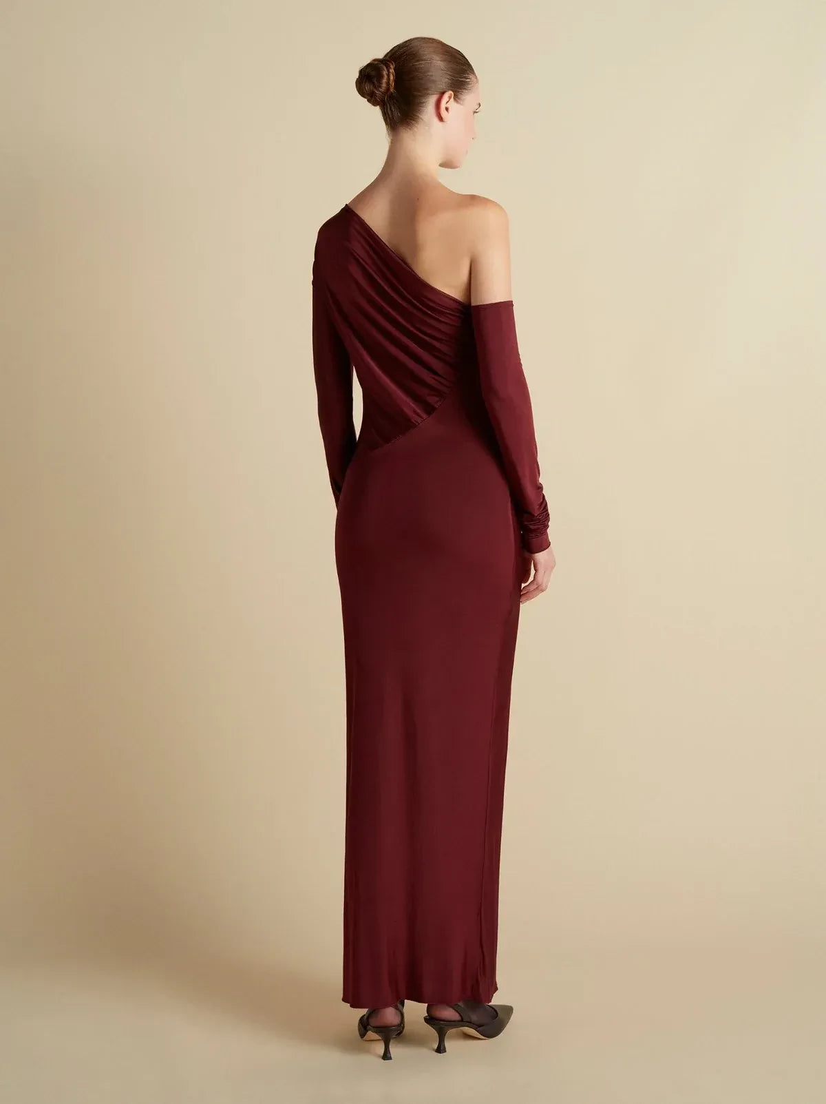 Chic Sheath Asymmetric Neck One Sleeve Ruched Bodice Floor Length Prom Dress