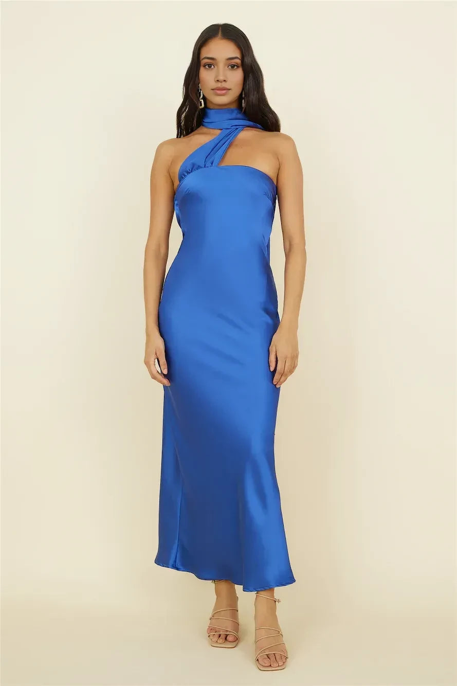 Chic Sheath Asymmetric Neck Sleeveless Draped Back Midi Length Prom Dress