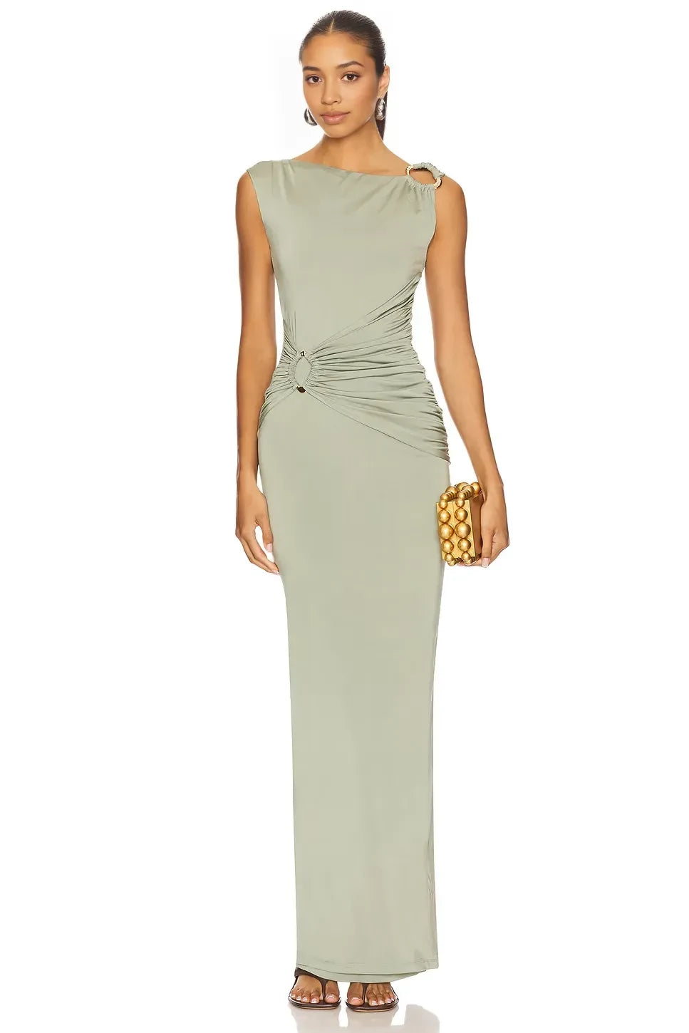 Chic Sheath Asymmetric Neck Sleeveless Ruched Back Slit Front Floor Length Evening Dress