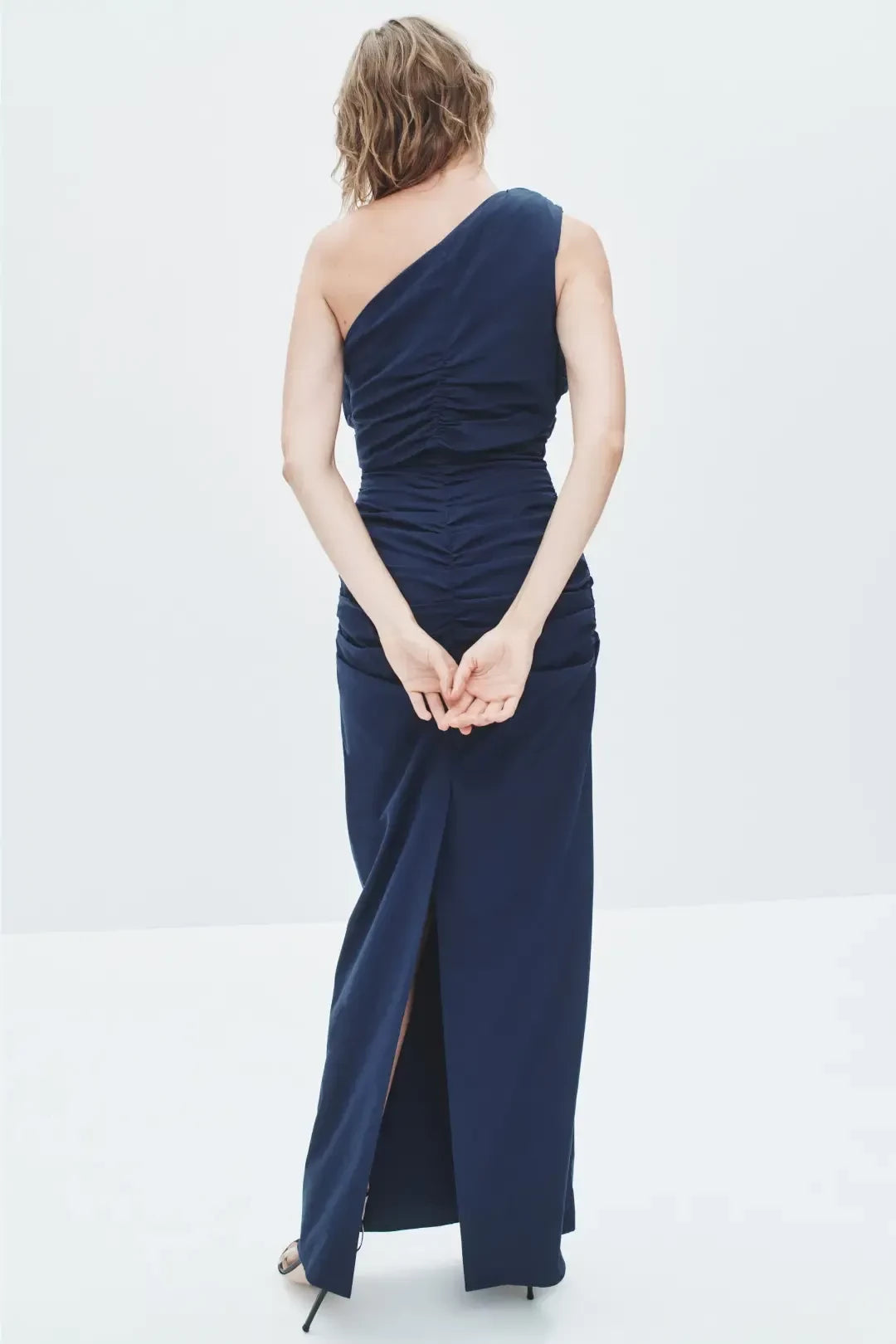 Chic Sheath Asymmetric Neck Sleeveless Ruched Bodice Side Slit Plus Size Floor Length Prom Dress