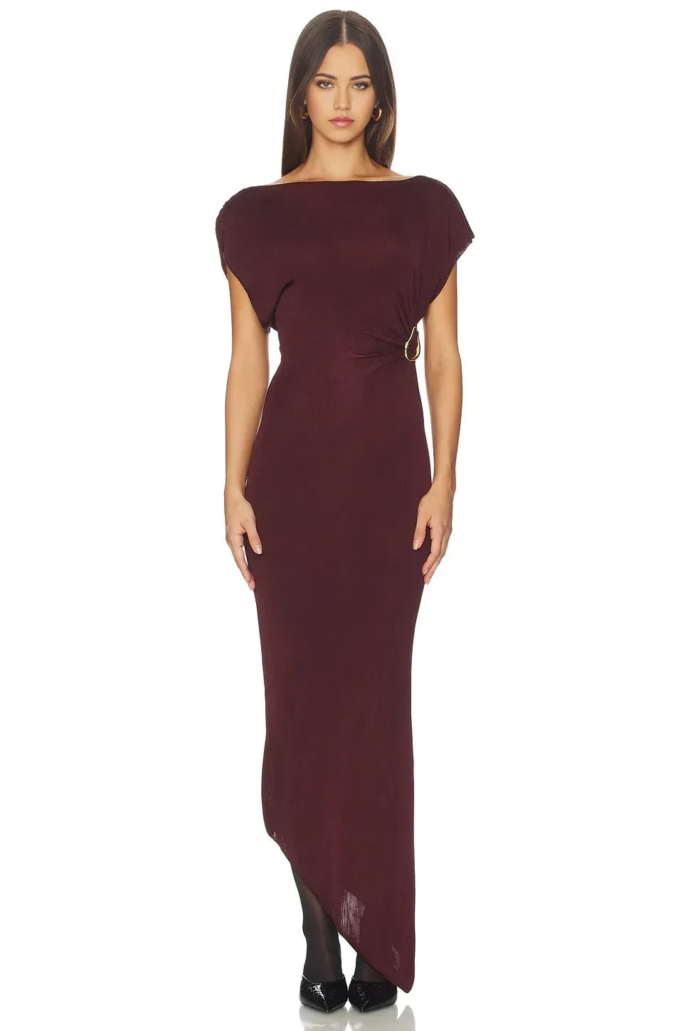 Chic Sheath Asymmetric Shoulder Short Sleeve Draped Back Asymmetric Length Evening Dress