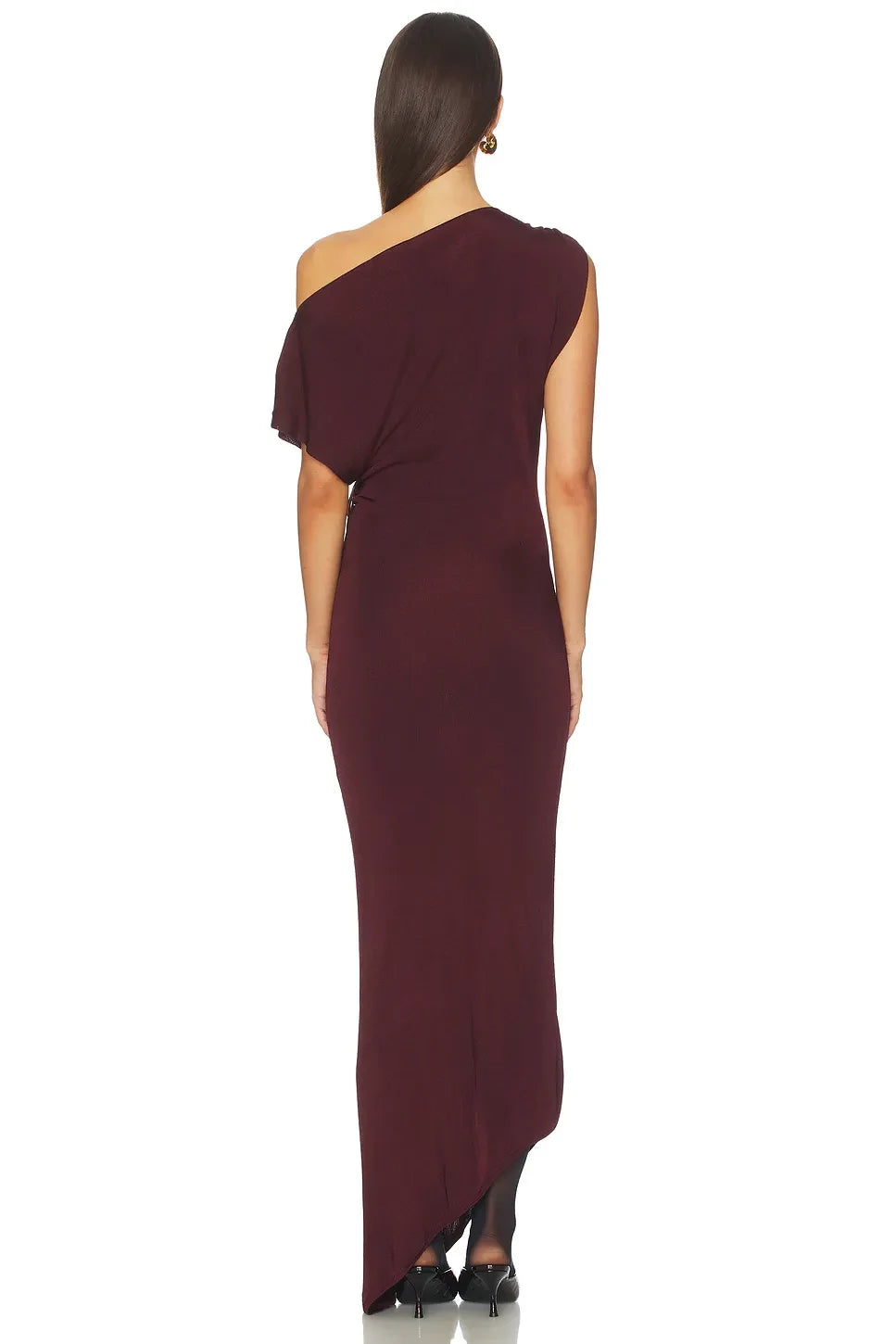 Chic Sheath Asymmetric Shoulder Short Sleeve Draped Back Asymmetric Length Evening Dress