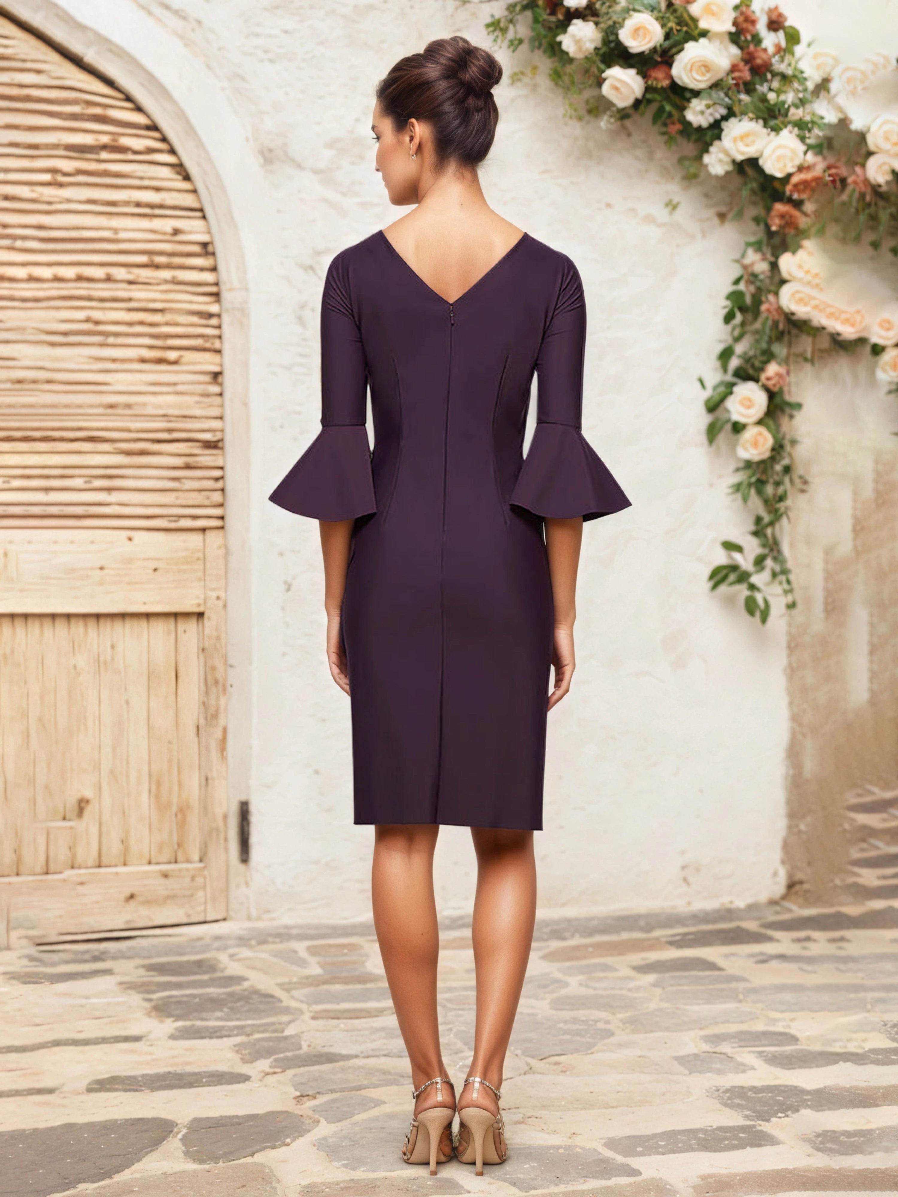 Chic Sheath Boat Neck Flounce Sleeve Zip Back Knee Length Mother of the Bride Dress