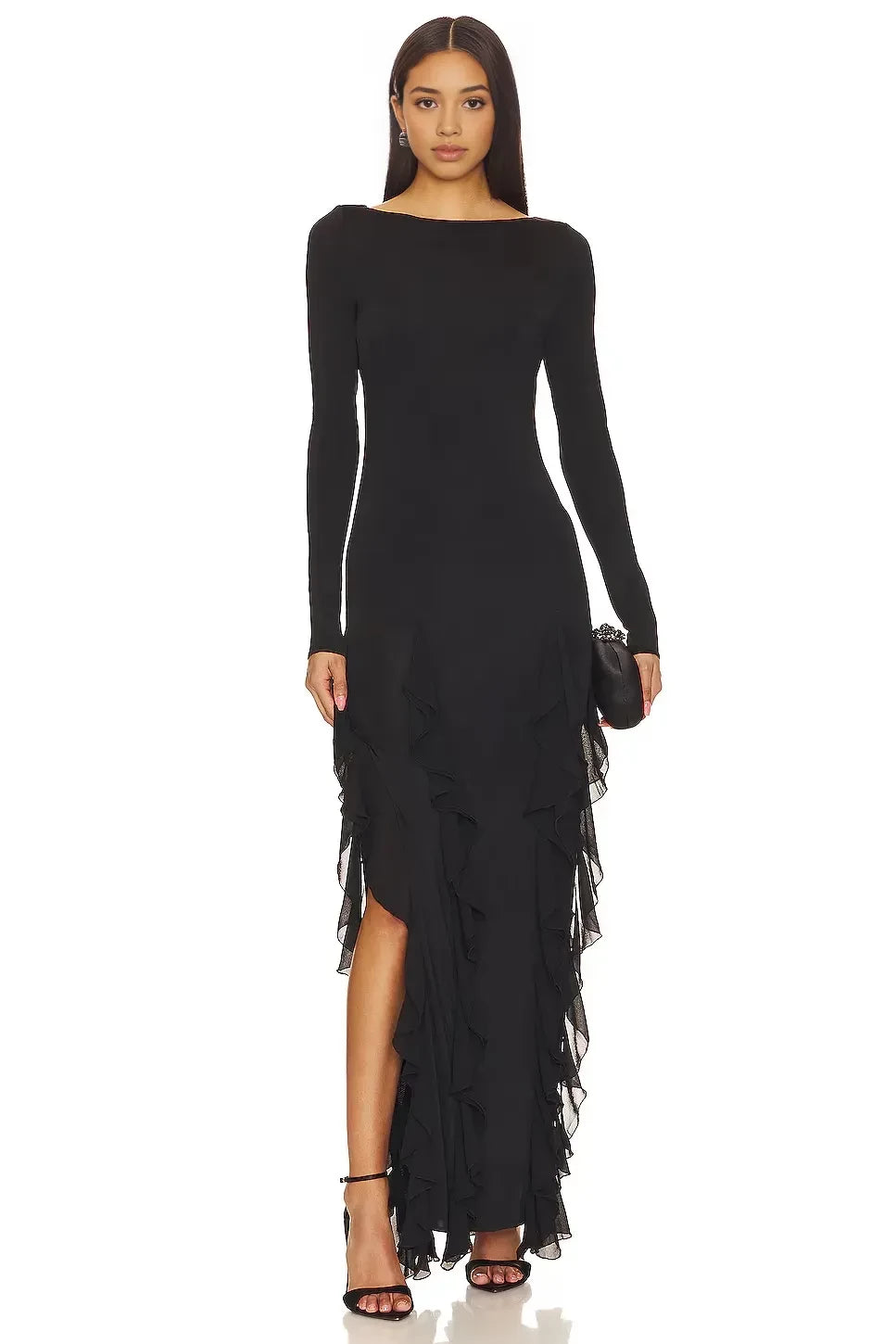 Chic Sheath Boat Neck Long Sleeve Ruffled Asymmetric Floor Length Evening Dress