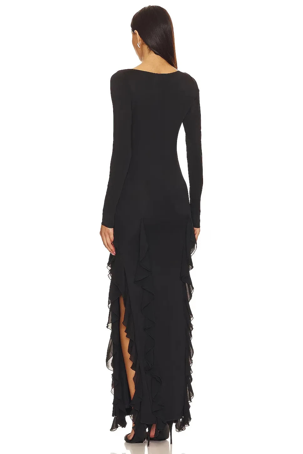 Chic Sheath Boat Neck Long Sleeve Ruffled Asymmetric Floor Length Evening Dress