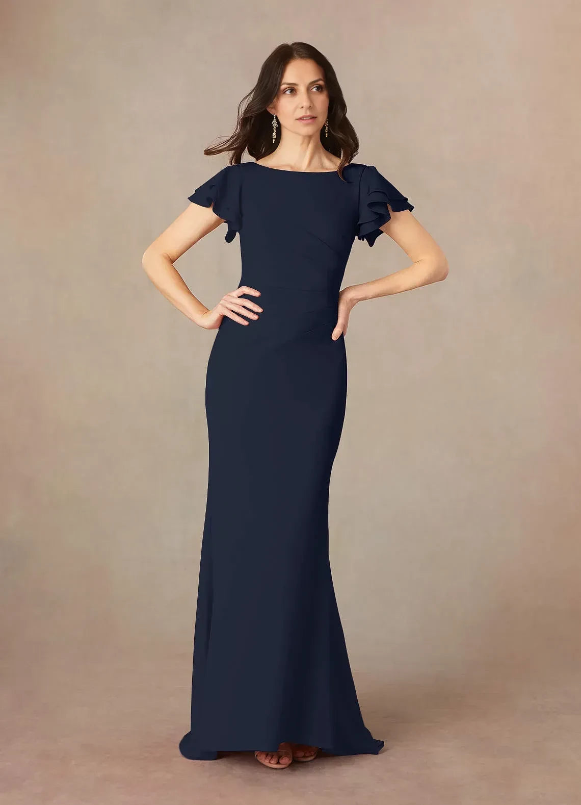Chic Sheath Boat Neck Ruffled Sleeve Zipper Back Floor Length Mother of the Bride Dress