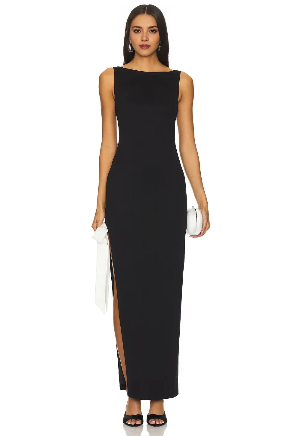 Chic Sheath Boat Neck Sleeveless Ruched Back High Slit Floor Length Evening Dress