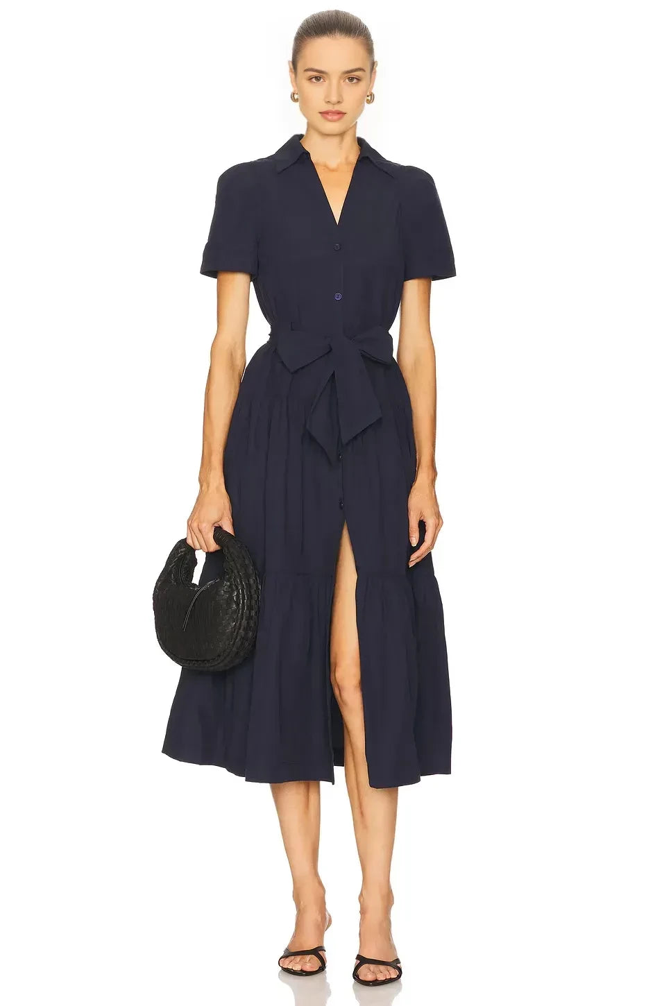 Chic Sheath Collared Neck Short Sleeve Tiered Slit Midi Length Evening Dress