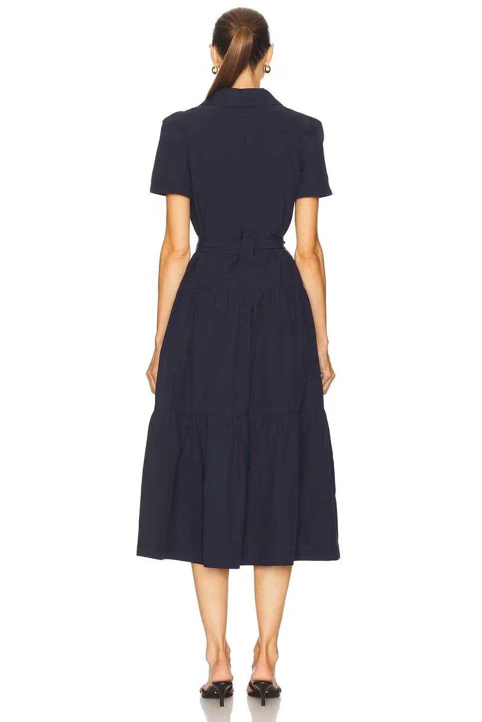 Chic Sheath Collared Neck Short Sleeve Tiered Slit Midi Length Evening Dress