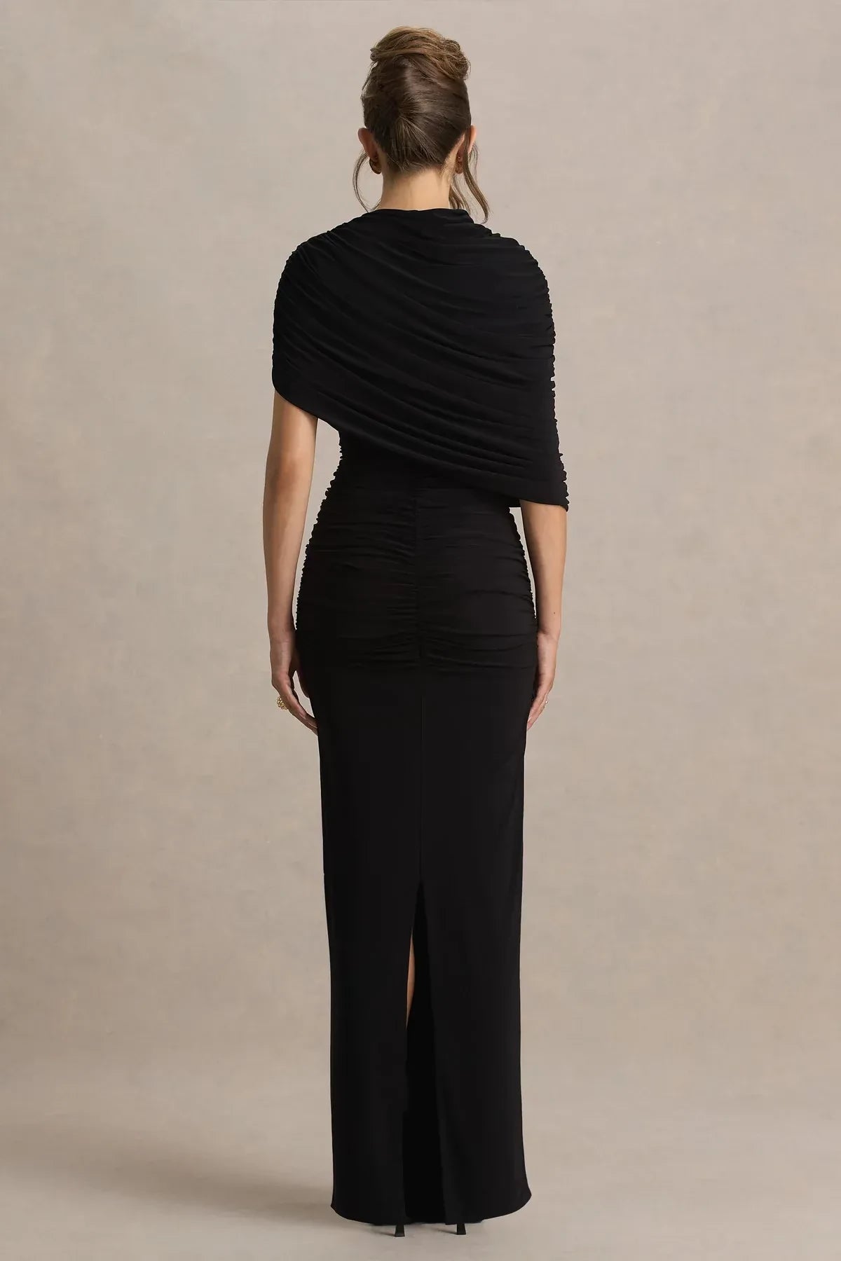 Chic Sheath Cowl Neck Draped Sleeve Ruched Back Floor Length Evening Dress