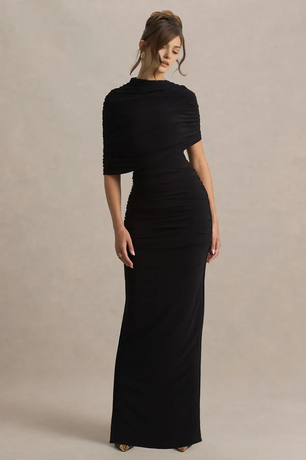 Chic Sheath Cowl Neck Draped Sleeve Ruched Back Floor Length Evening Dress