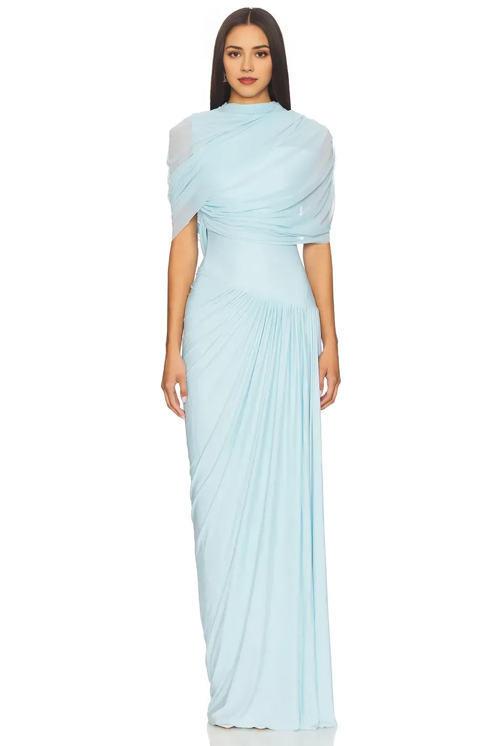 Chic Sheath Cowl Neck Short Sleeve Draped Back Floor Length Evening Dress