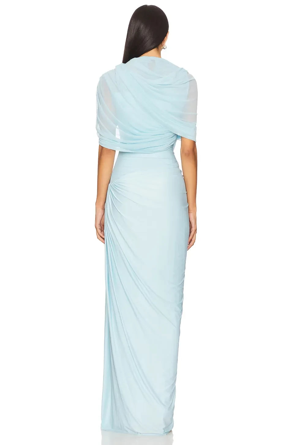 Chic Sheath Cowl Neck Short Sleeve Draped Back Floor Length Evening Dress