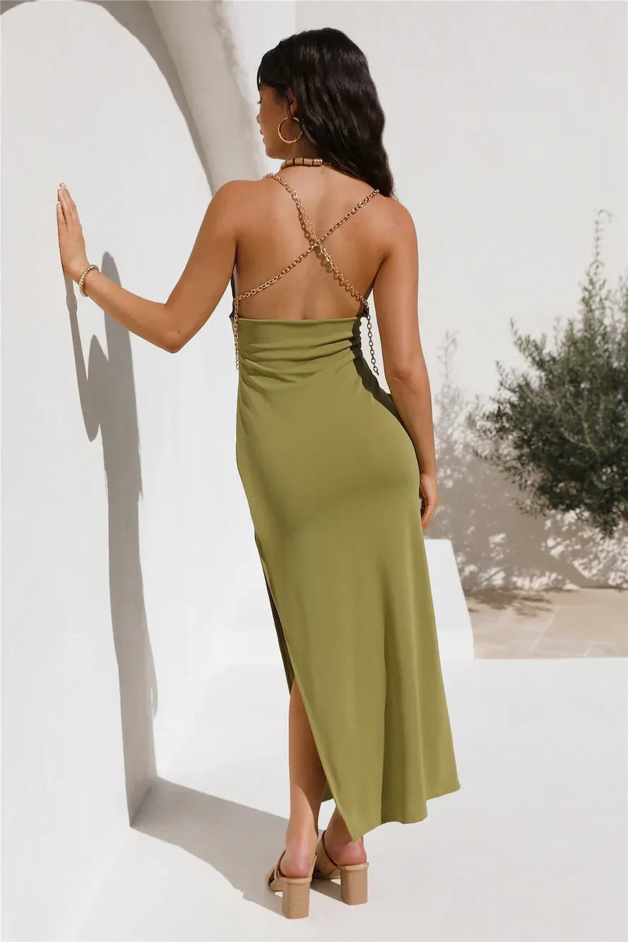Chic Sheath Cowl Neck Sleeveless Chain Cross Back Side Slit Floor Length Prom Dress
