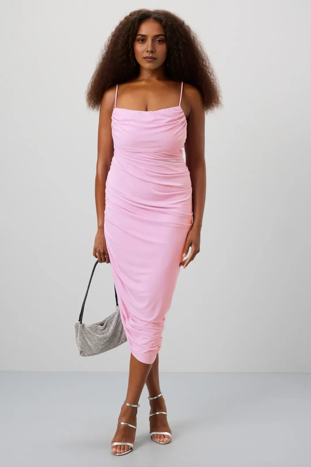 Chic Sheath Cowl Neck Sleeveless Ruched Bodice Midi Length Plus Size Prom Dress