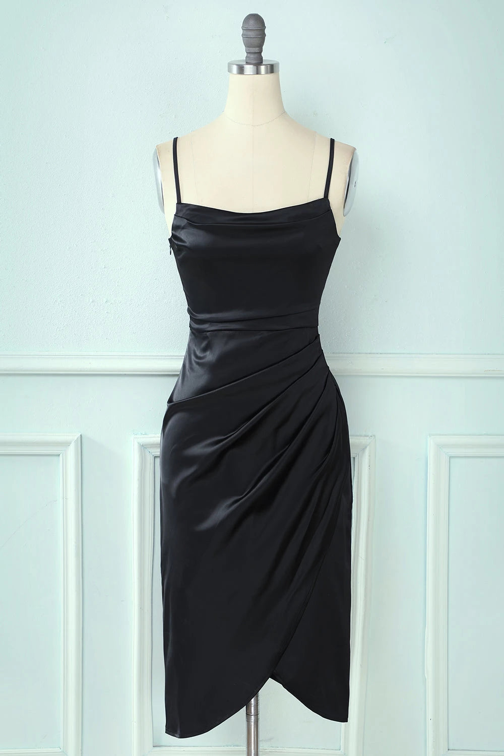 Chic Sheath Cowl Neck Spaghetti Strap Zipper Back Midi Cocktail Dress Homecoming Dress