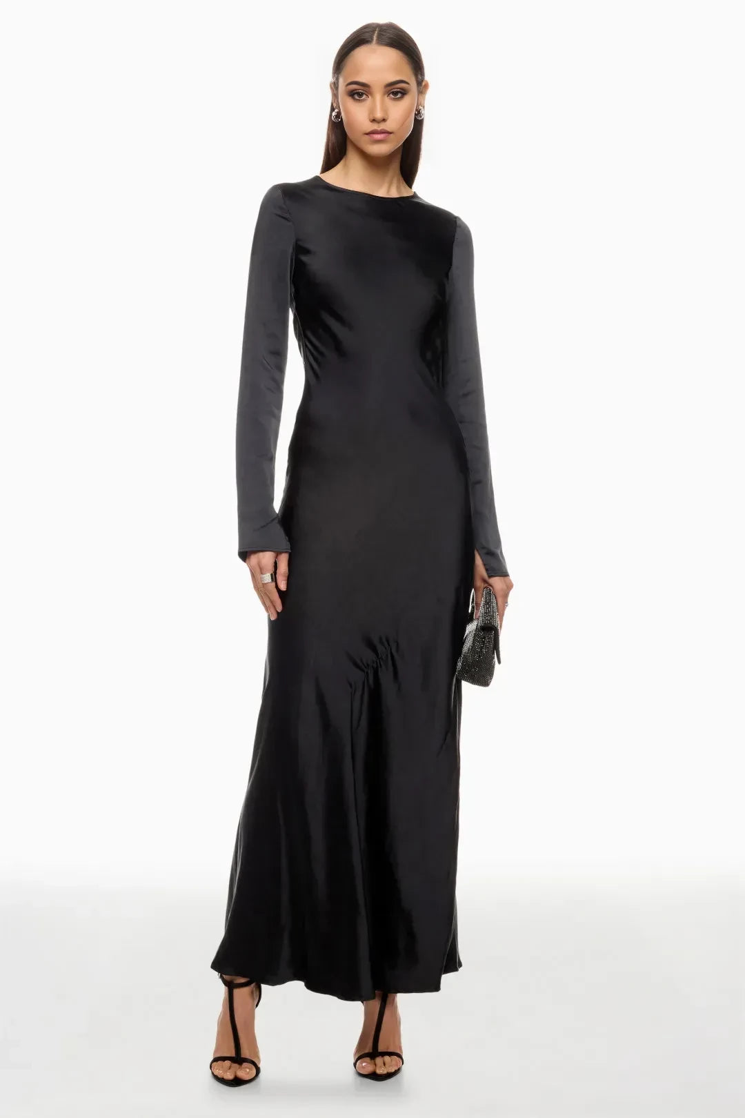 Chic Sheath Crew Neck Long Sleeve Open Back Floor Length Plus Size Prom Dress