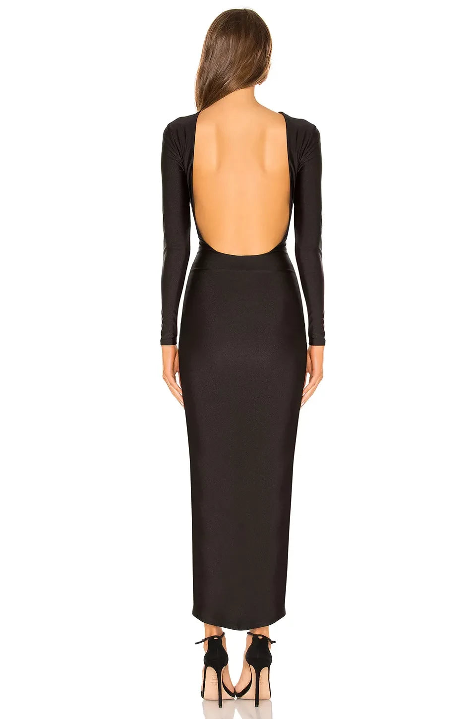 Chic Sheath Crew Neck Long Sleeve Open Back Ruched Slit Midi Length Evening Dress