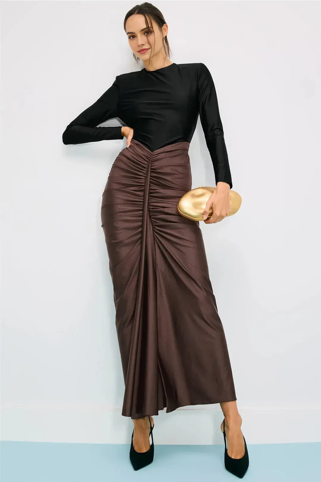 Chic Sheath Crew Neck Long Sleeve Ruched Bodice Floor Length Plus Size Prom Dress