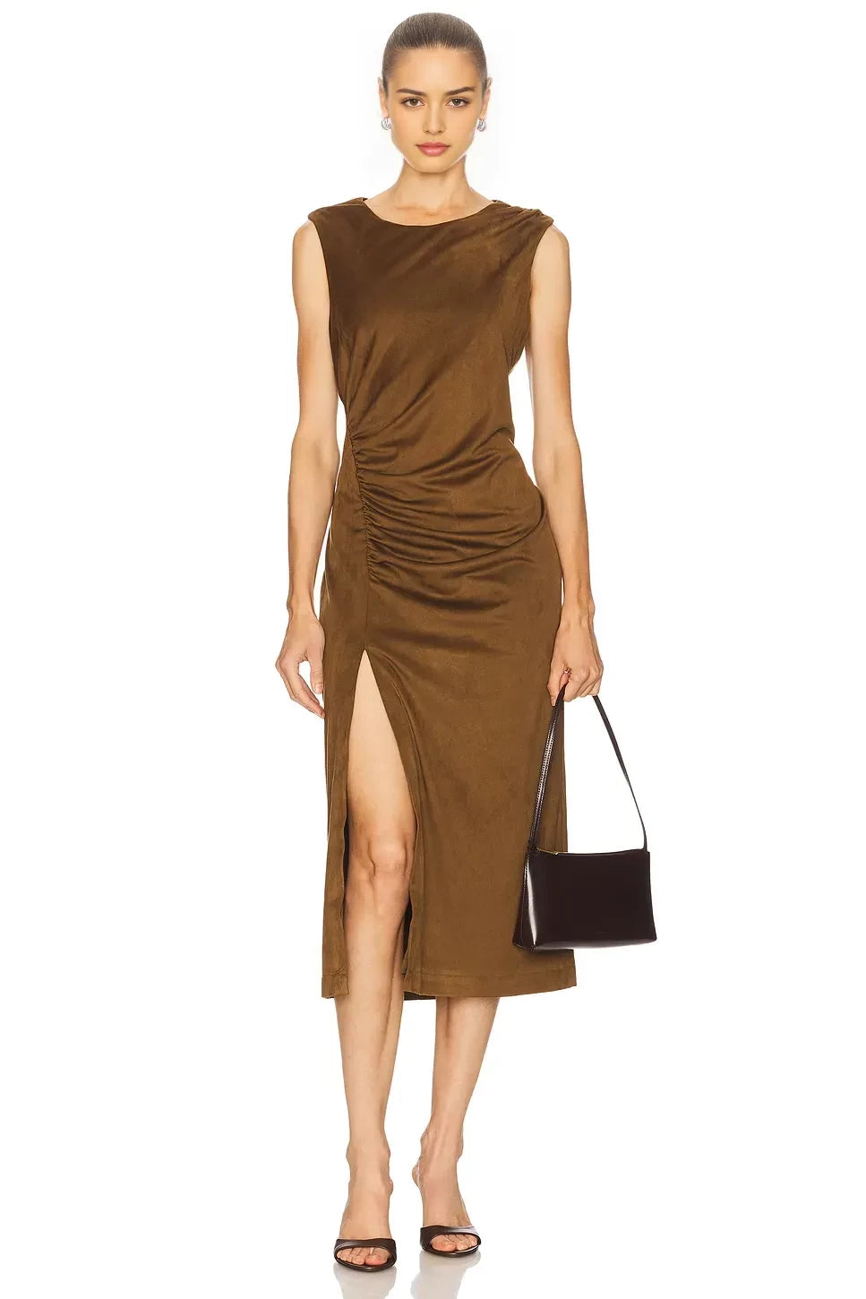 Chic Sheath Crew Neck Sleeveless Ruched Front Midi Length Evening Dress