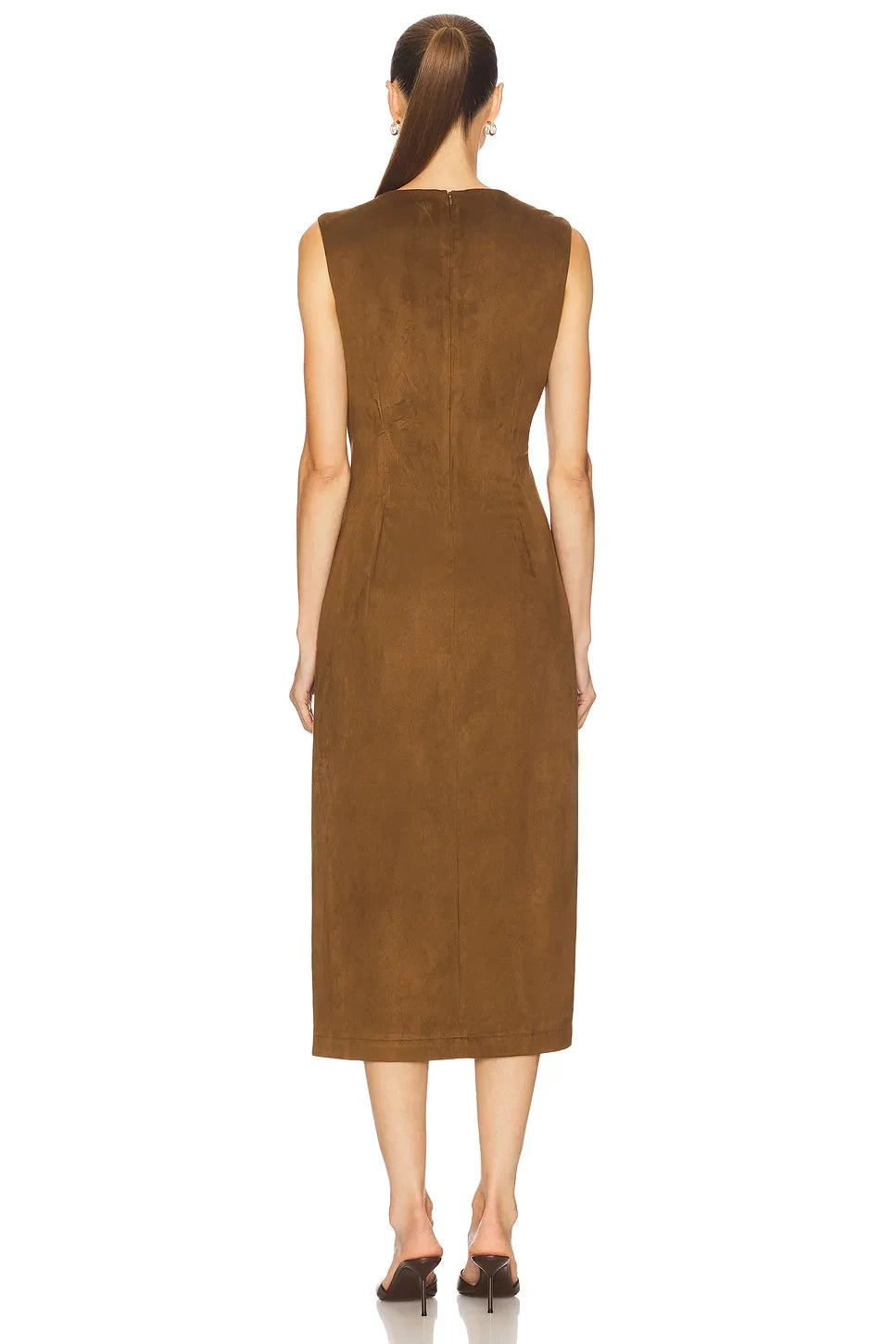 Chic Sheath Crew Neck Sleeveless Ruched Front Midi Length Evening Dress