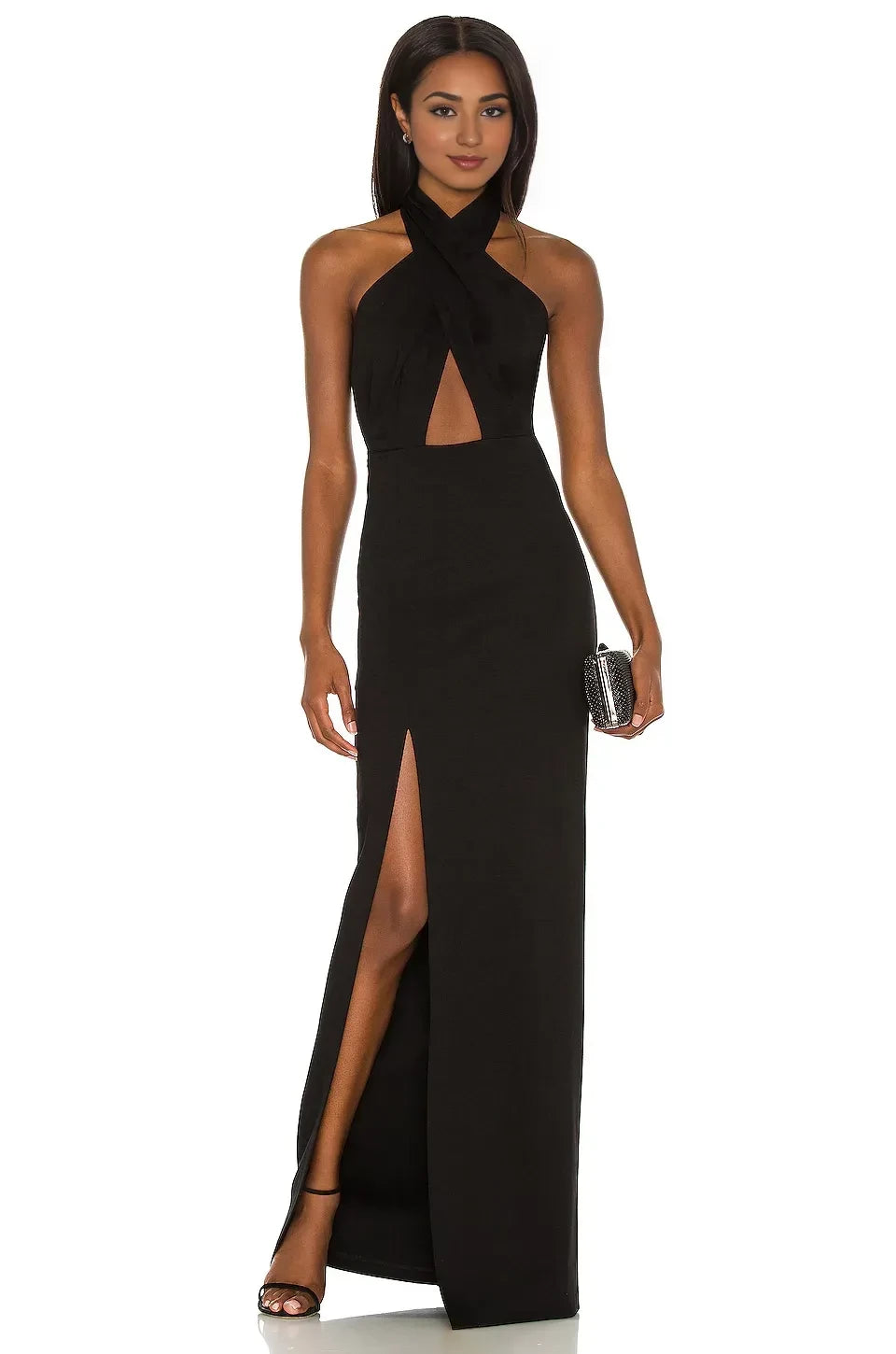 Chic Sheath Crisscross Halter Neck Sleeveless Cutout Back Slit Front Floor Length Evening Dress