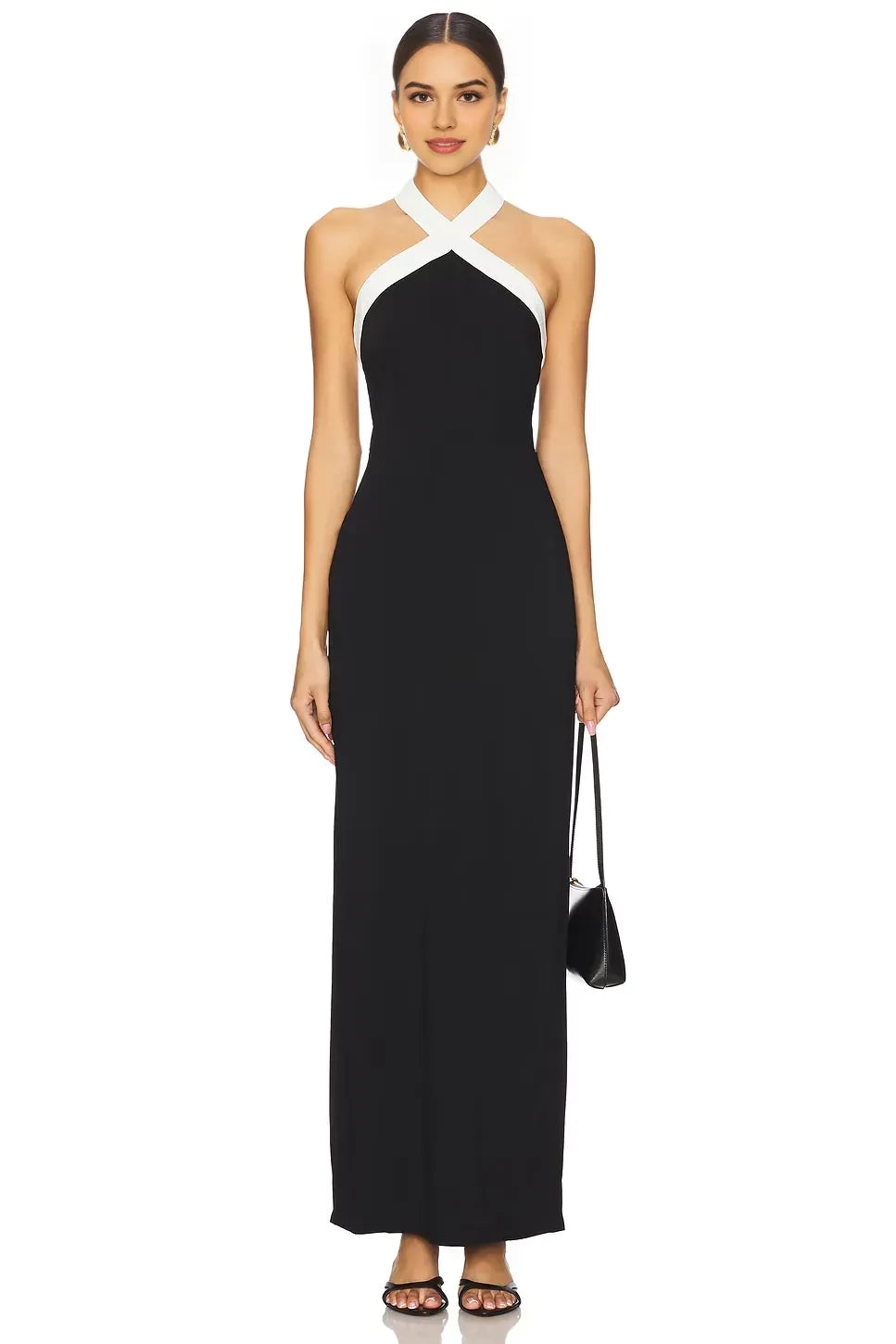 Chic Sheath Cross Halter Sleeveless Contrast Trim Slit Back Floor Length Evening Dress