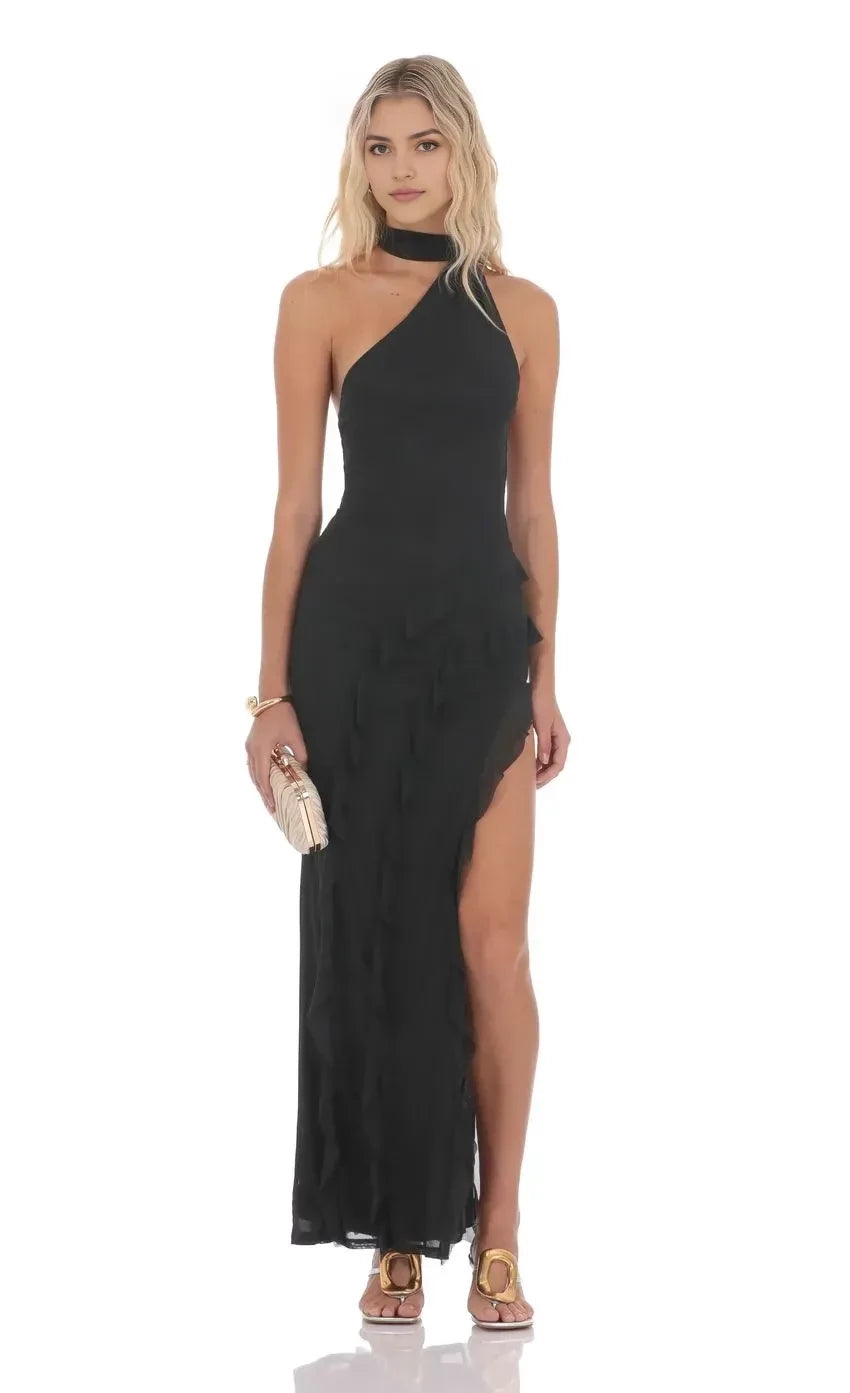 Chic Sheath Halter Neck One Shoulder Draped Back Floor Length Evening Dress
