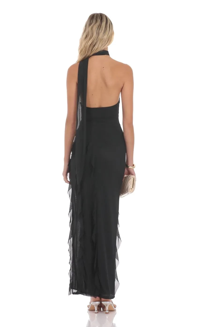 Chic Sheath Halter Neck One Shoulder Draped Back Floor Length Evening Dress