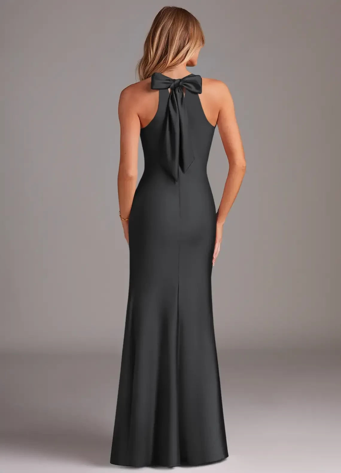 Chic Sheath Halter Neck Sleeveless Bow Back Floor Length Bridesmaid Dress