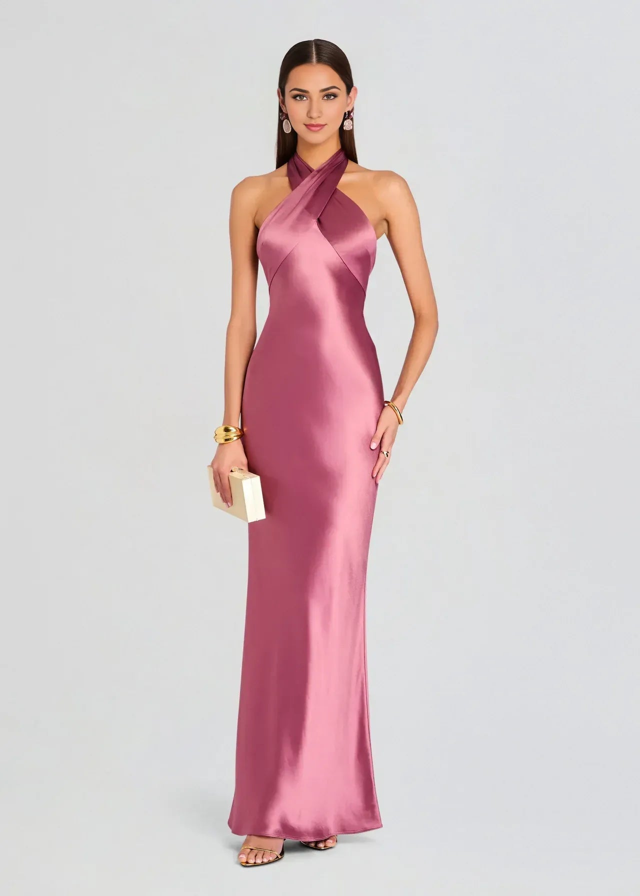 Chic Sheath Halter Neck Sleeveless Bow Back Floor Length Plus Size Prom Dress