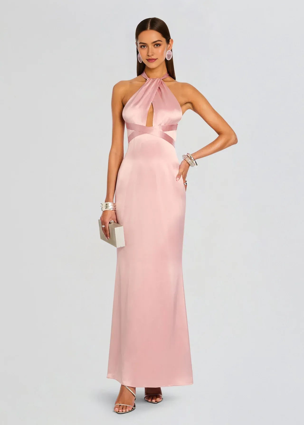 Chic Sheath Halter Neck Sleeveless Crisscross Back Floor Length Plus Size Prom Dress