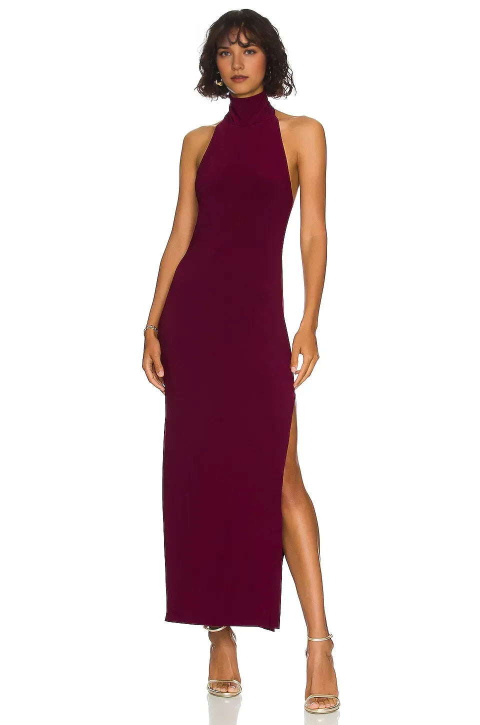 Chic Sheath Halter Neck Sleeveless Open Back High Slit Floor Length Evening Dress