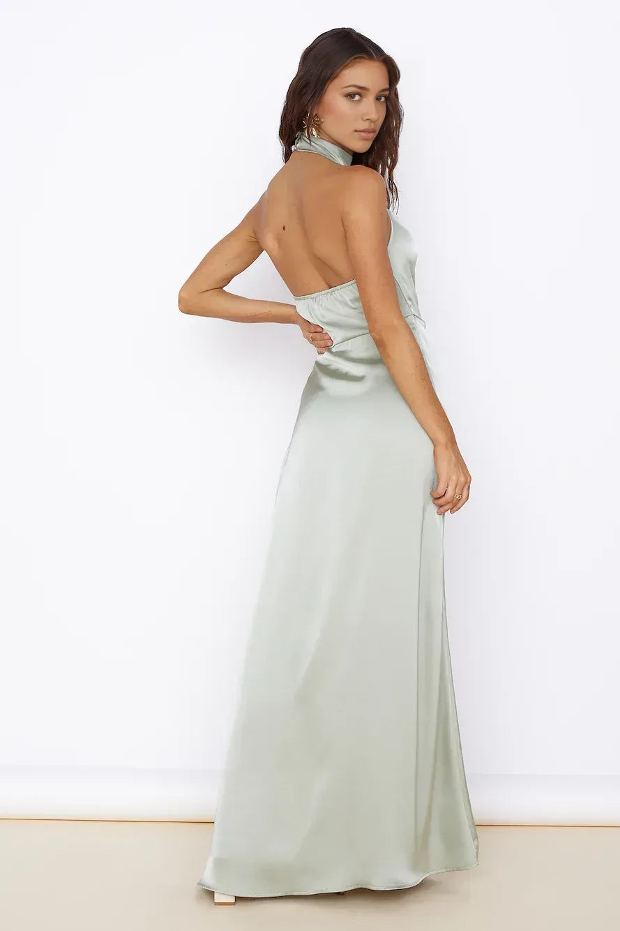 Chic Sheath Halter Neck Sleeveless Open Back Side Slit Floor Length Prom Dress