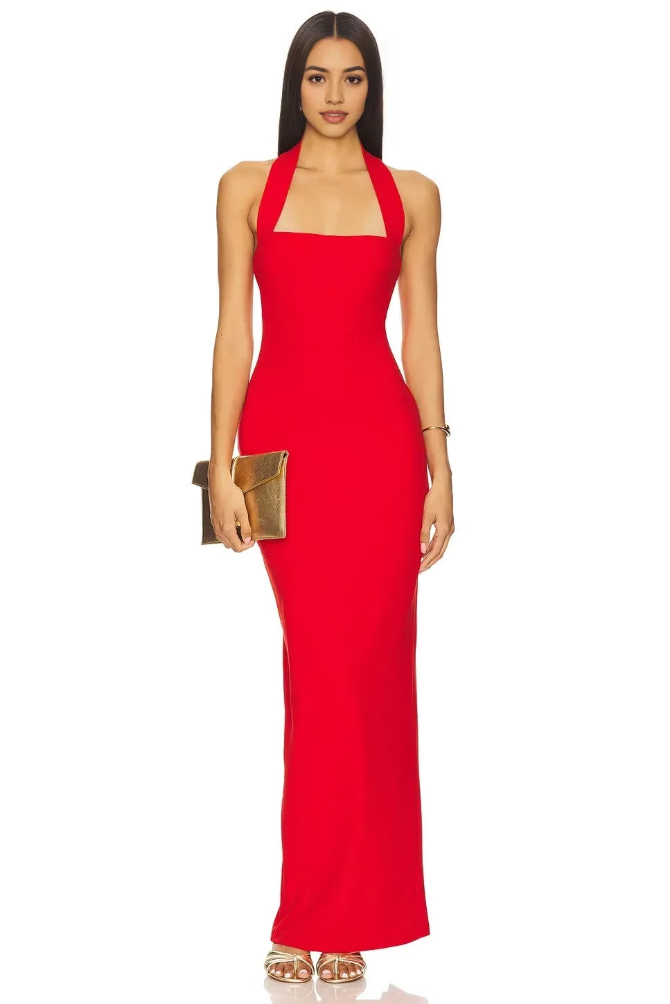 Chic Sheath Halter Neck Sleeveless Open Back Slit Back Floor Length Evening Dress