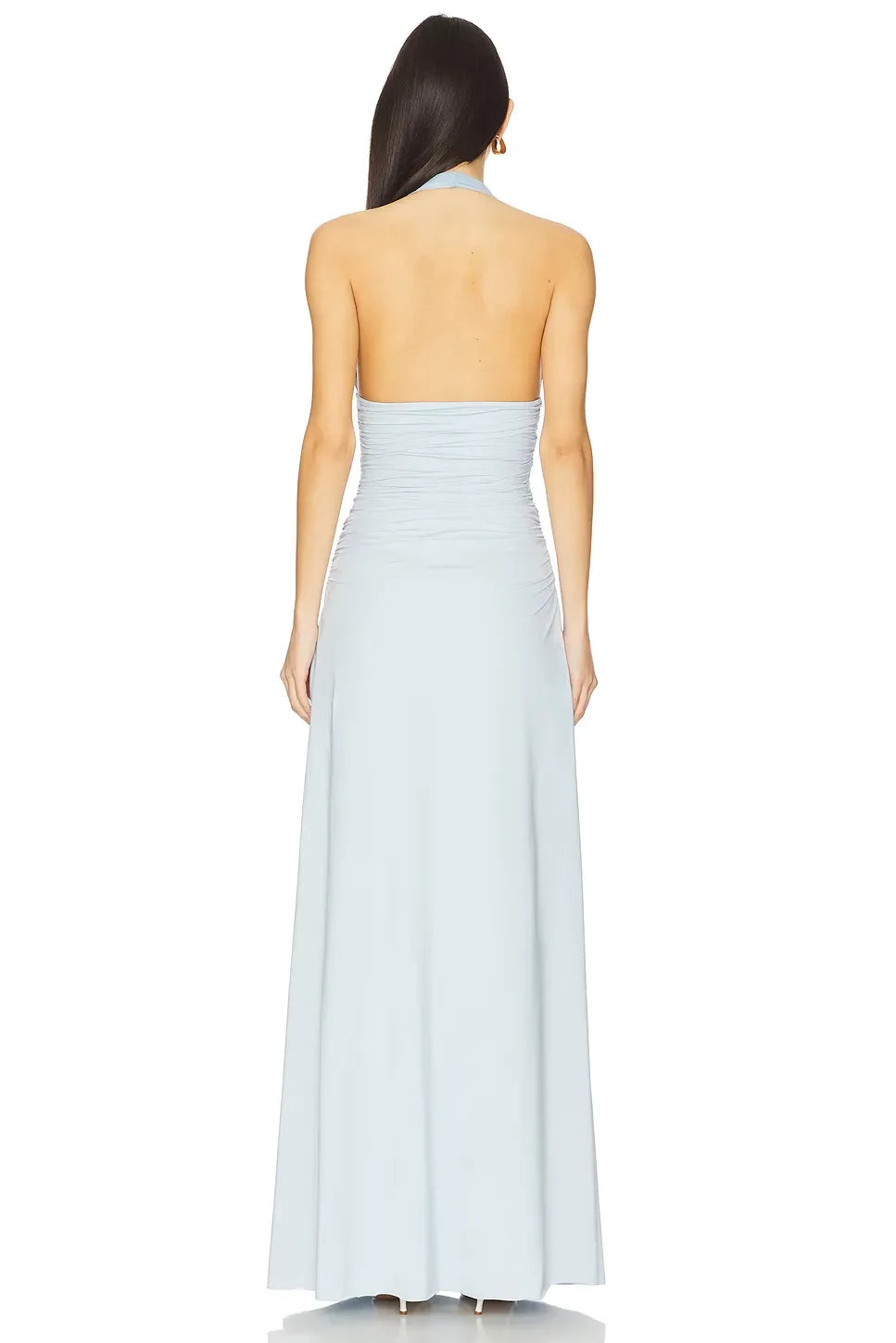 Chic Sheath Halter Neck Sleeveless Rosette Detail Open Back Floor Length Evening Dress