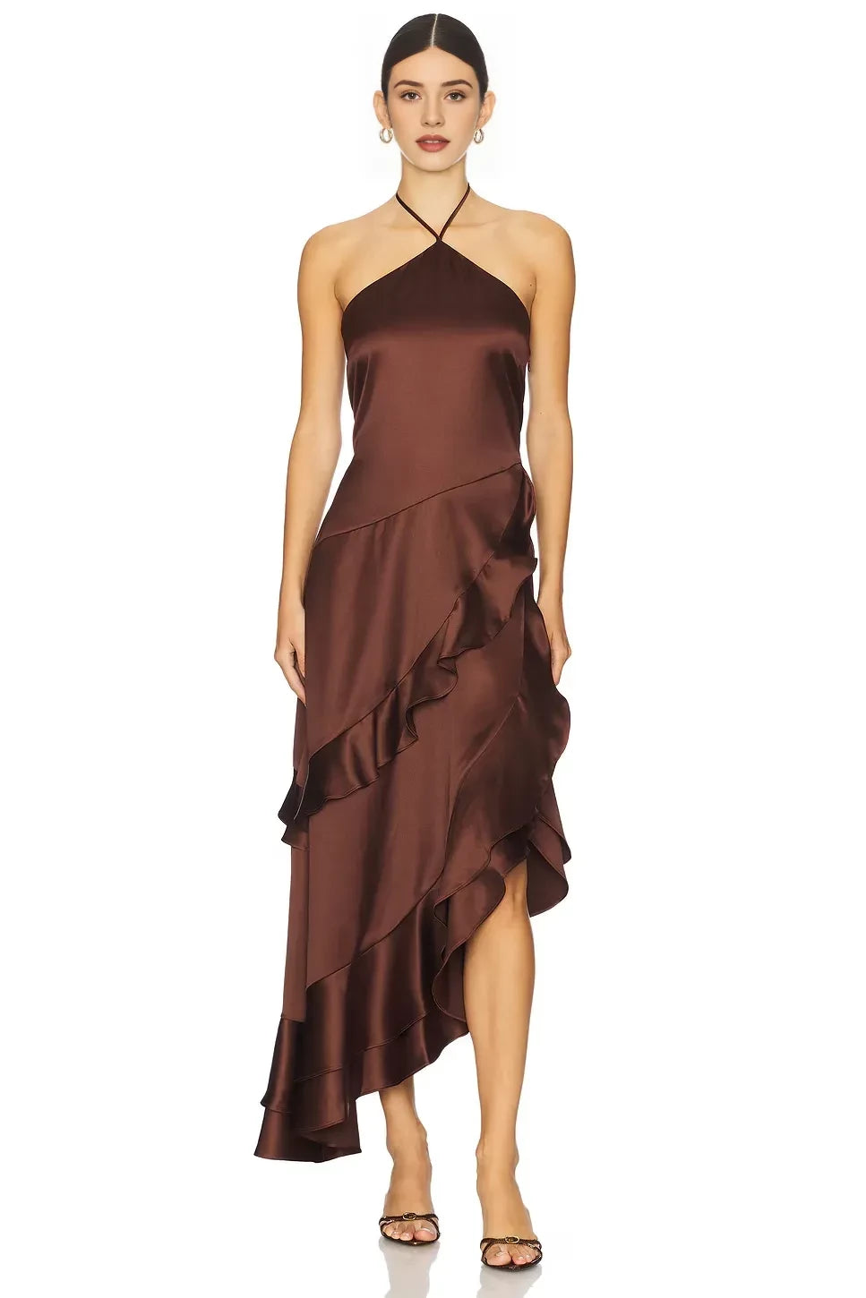 Chic Sheath Halter Neck Sleeveless Ruffled Asymmetric Midi Length Evening Dress