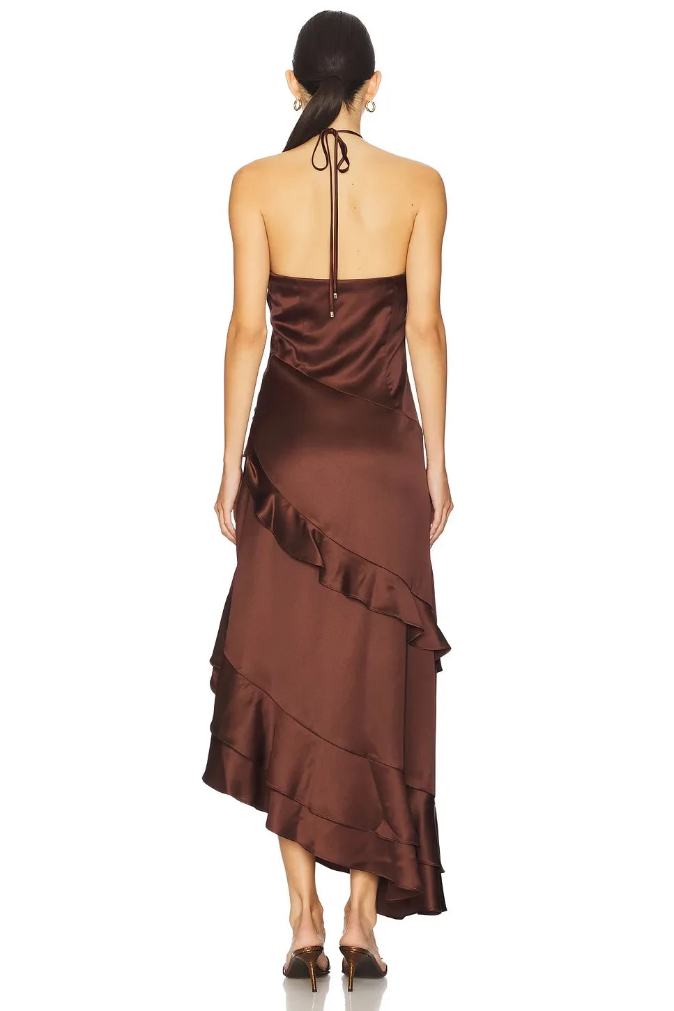 Chic Sheath Halter Neck Sleeveless Ruffled Asymmetric Midi Length Evening Dress